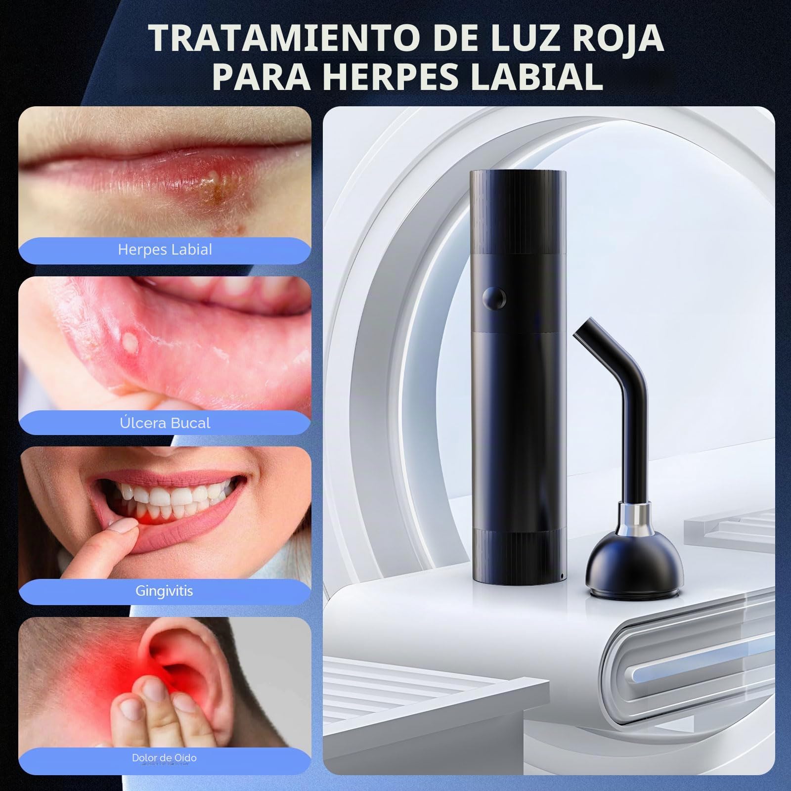 Dispositivo de terapia de luz roja para herpes labial, dispositivo de terapia láser frío 3 en 1, dispositivo de terapia con láser frío, dispositivo azul para boca, nariz, orejas, rodillas, pies y