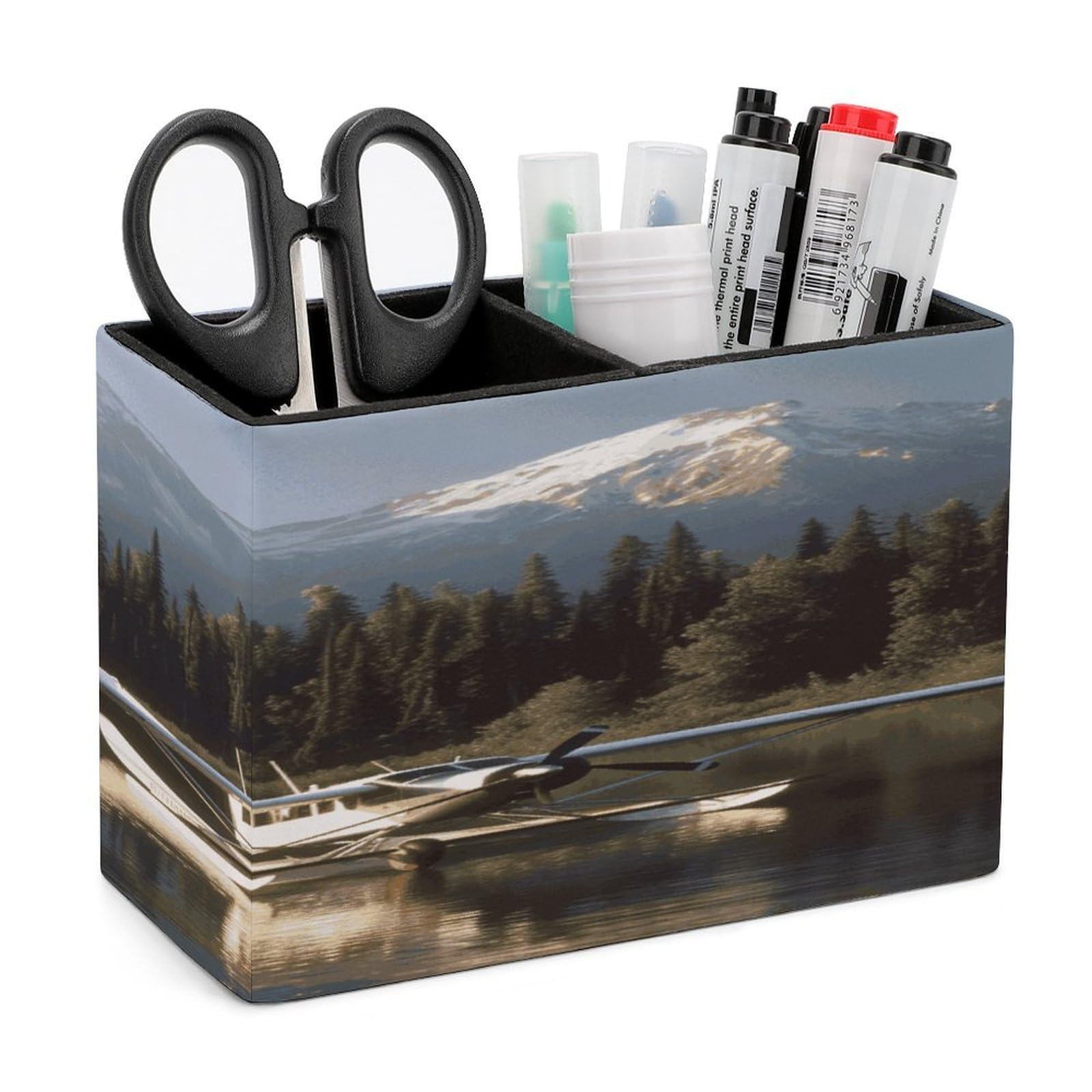 VstaDank Airplane on Lake Pencil Holder for Desk(Double Slots) Fashion Leather Pencil Cup Simple Rectangular Shape Pen Holder Multi-Functional Pen Cup for Home Office Supplies Storage
