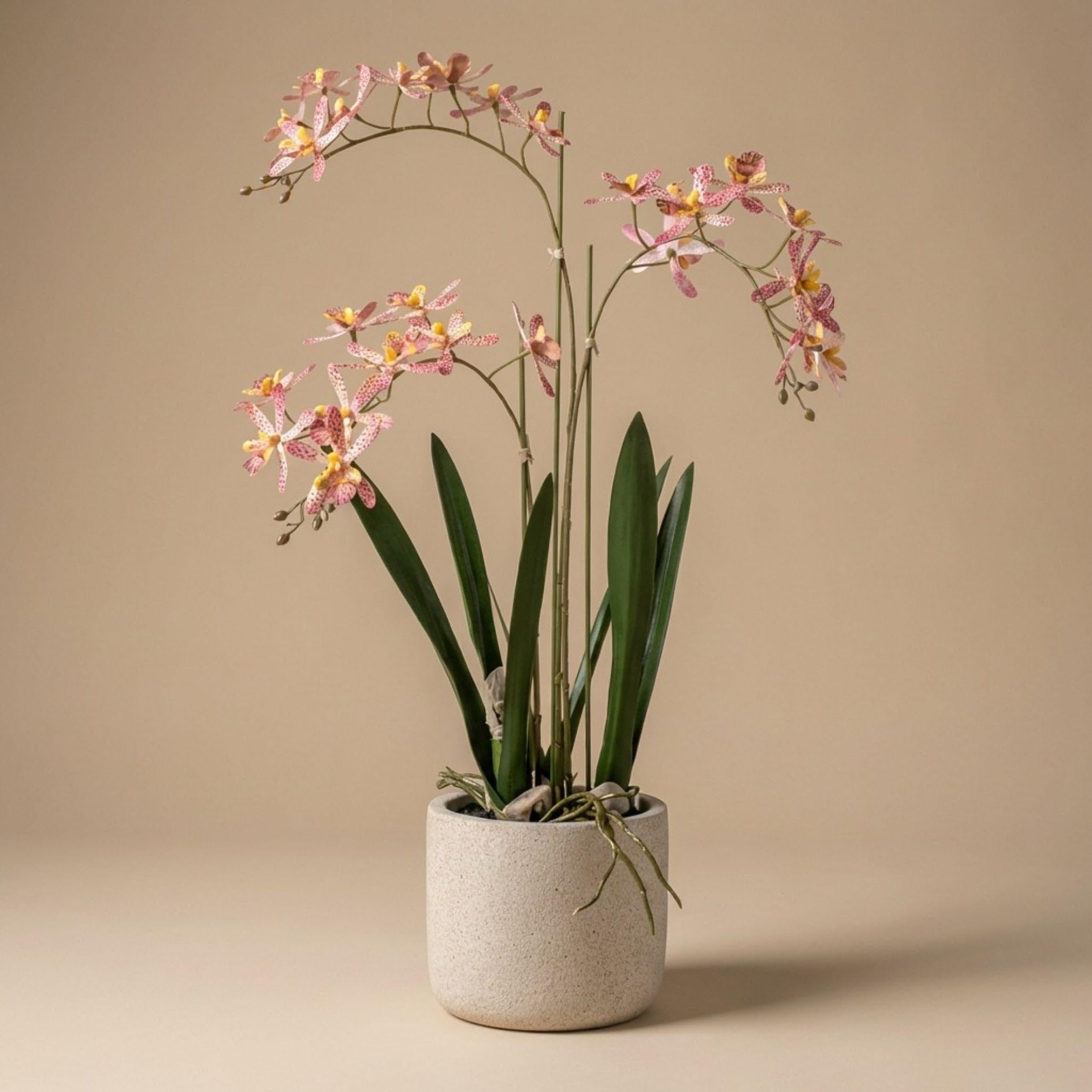 Sztuczna orchidea Renanthera 56 cm w doniczce – żółta pomarańczowa roślina kwitnąca sztuczna roślina w szarej doniczce – realistyczna dekoracja storczyków, bez pielęgnacji, piękna przez cały rok