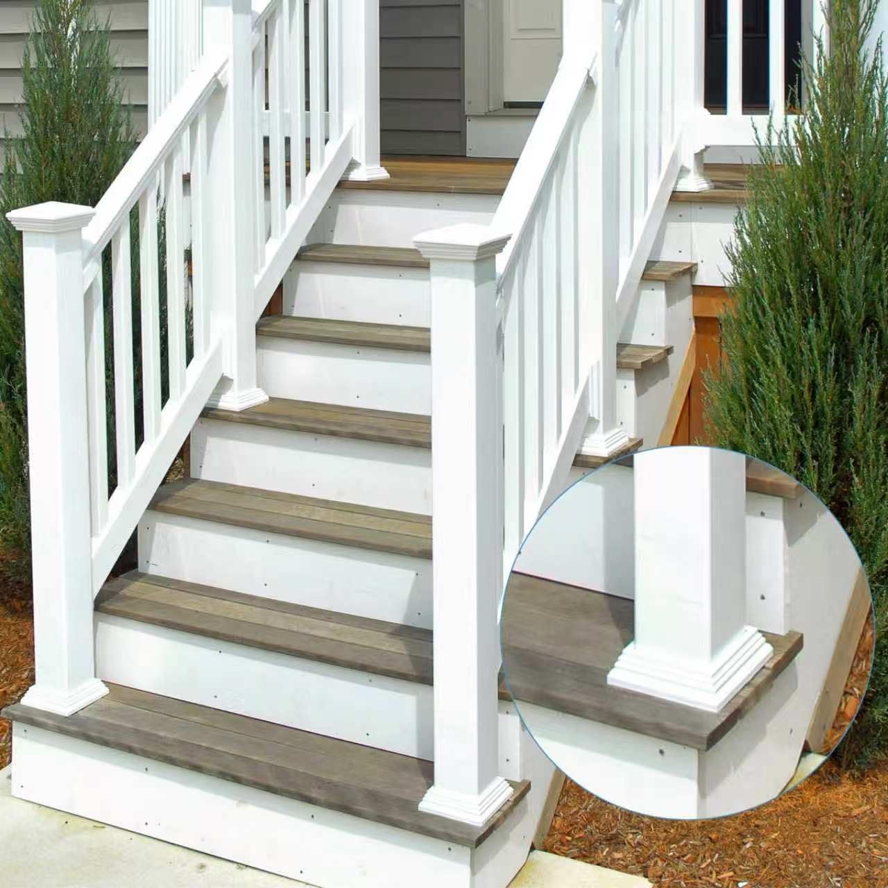 8 Packs 4 Inch Vinyl Post Skirt/England Style Fence Post Cups White PVC Post Column Wraps Porch Two Piece England Base Trim Ring Railing for Wood Vinyl Post, Stair Rails, Fence Deck Stairs Rails (8)