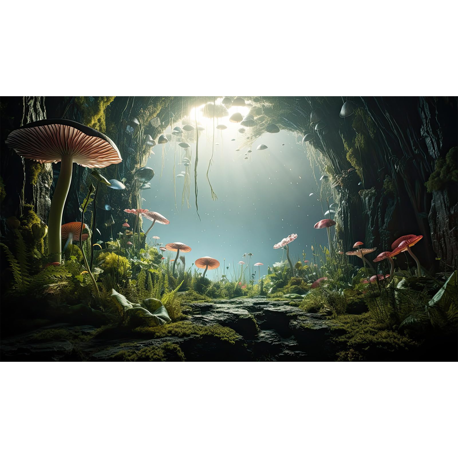 Tropical Rainforest Cave Aquarium Background Foggy Rock Mountain Fish Tank Background Mushroom Lush Green Moss Terrarium Backgrounds Mysterious Jungle Plants Scenery Reptile Tank Backgrounds 48x24in