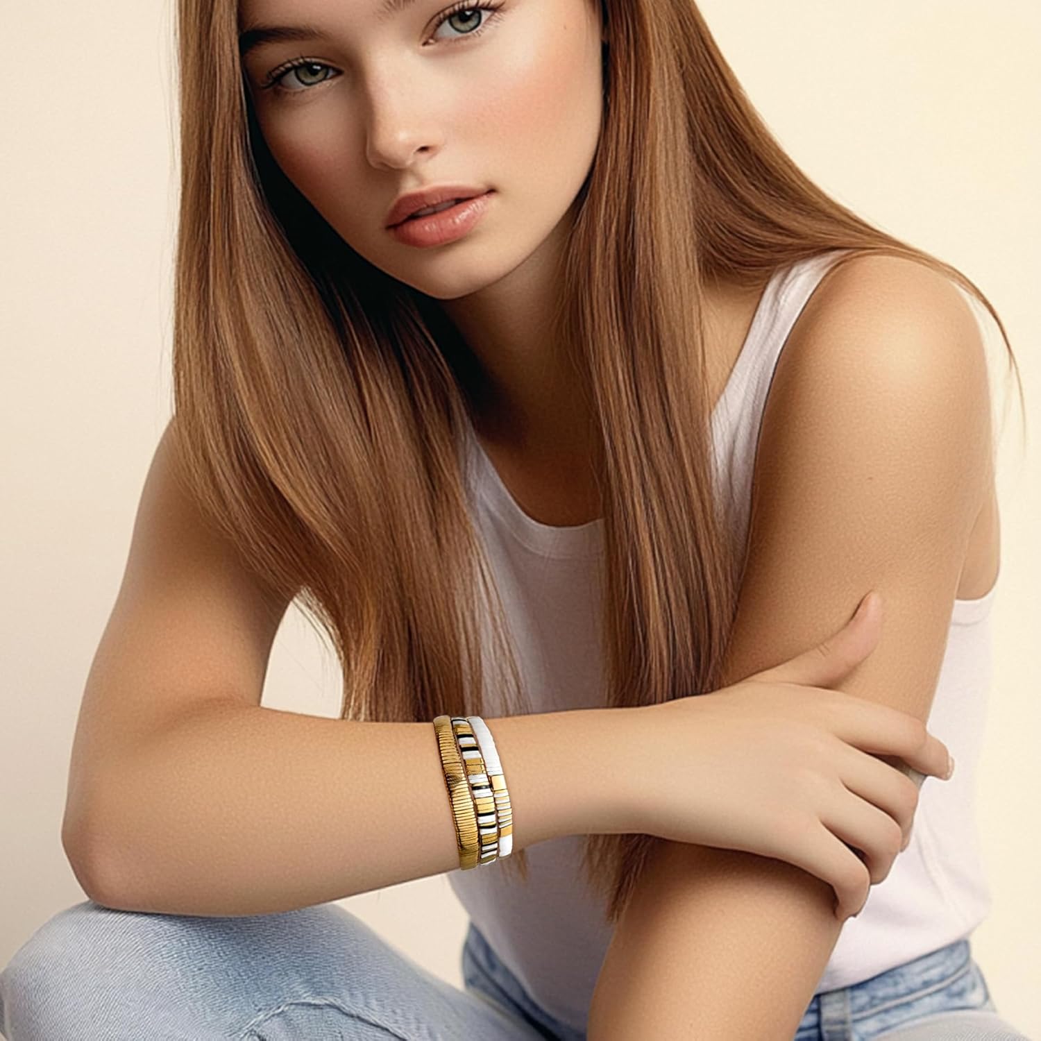 Tila Beaded Stretch Strand Bracelets for Women, Cute Boho Stackable Handmade Colorful Mixed Flat Square Beads Elastic Beach Surfer Bracelet Trendy Jewelry Friend Gift - Image 2