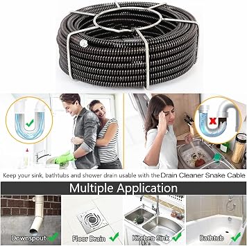 60 Feet x 5/8 Inch Drain Cleaning Cable with 6 Cutters, Hollow Core Cable