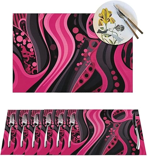 6 PCS PVC Placemats Set Place Mats Abstract Black and Pattern Non-Slip Weave Place Mats 12" x 18" Farmhouse Table Mat Set for Family Dinners Wedding