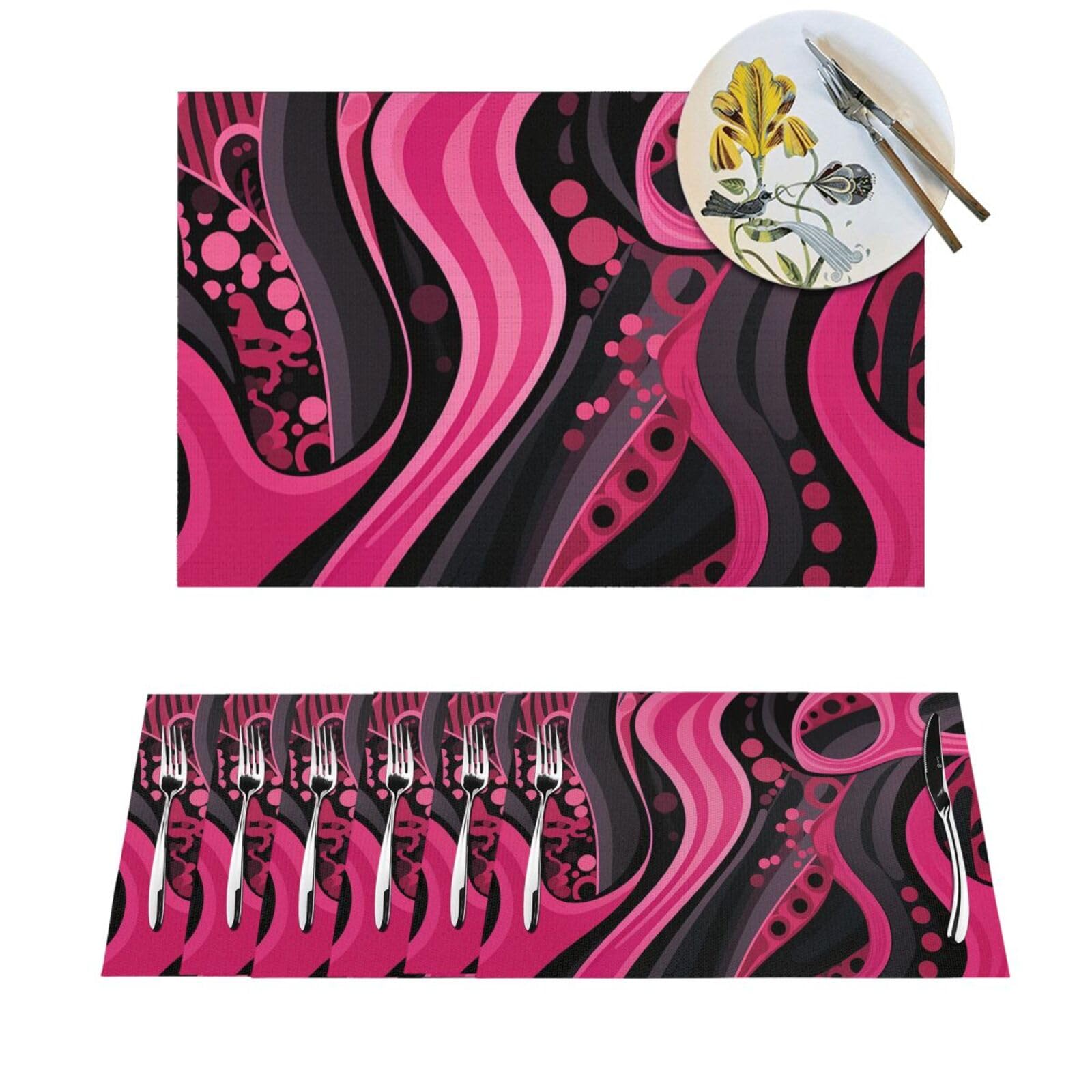 Sets de table en PVC pour dîner de famille - Lot de 4 tapis lavables motif abstrait rose
