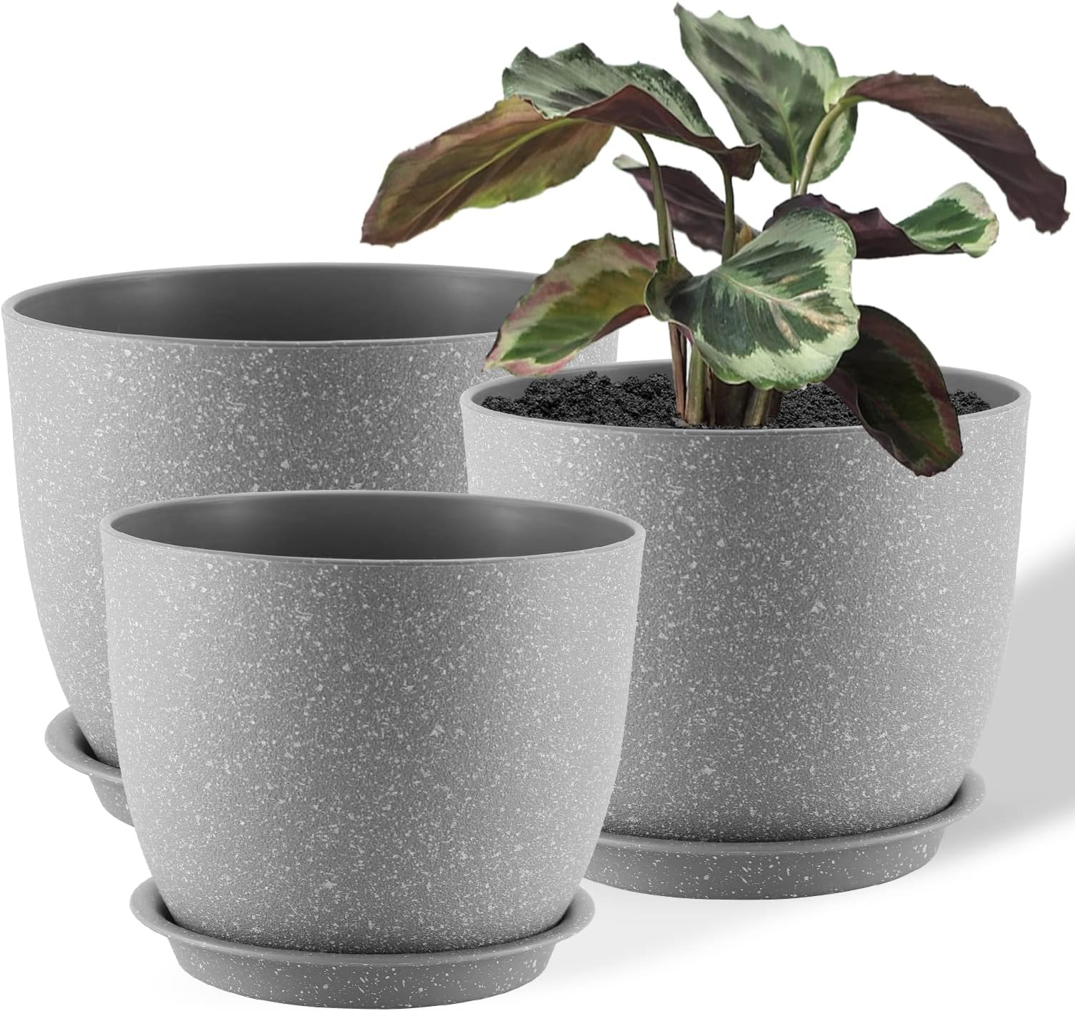 FORAGIFT 25/23/20cm Plant Pots Indoor, 3 Pack Modern Decorative Plastic Planters with Drainage Holes and Tray for House Plants, Grey Speckles