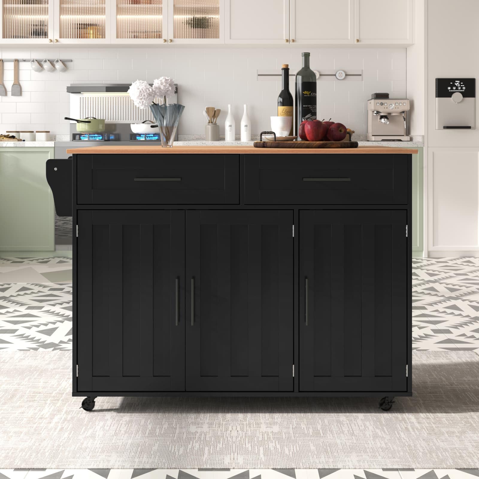 PUGSDRLY Desserte de Cuisine à roulettes,Buffet Meuble,îlot de Cuisine avec Plateau de Table Pliable,2 Tiroirs et 3 Portes,Roulette ou Pieds en Bois Massif (Noir-C)