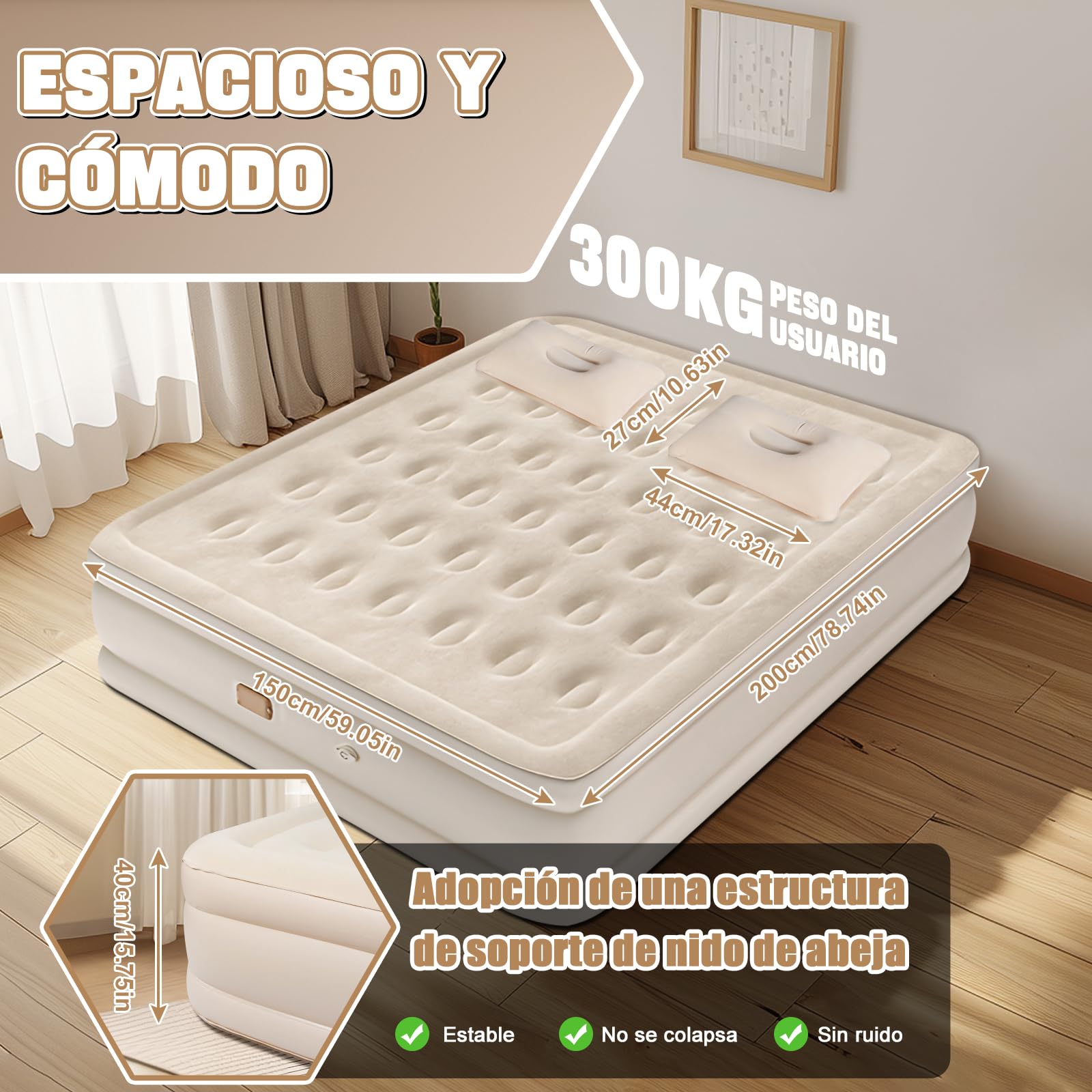 Charmofun Colchón Hinchable Matrimonio, Cama de Aire con Bomba Eléctrica, Colchón Inflable Rápido en 3 Minutos, Cama Hinchable 200×154×43cm Autohinchable para Camping O Uso DoméStico