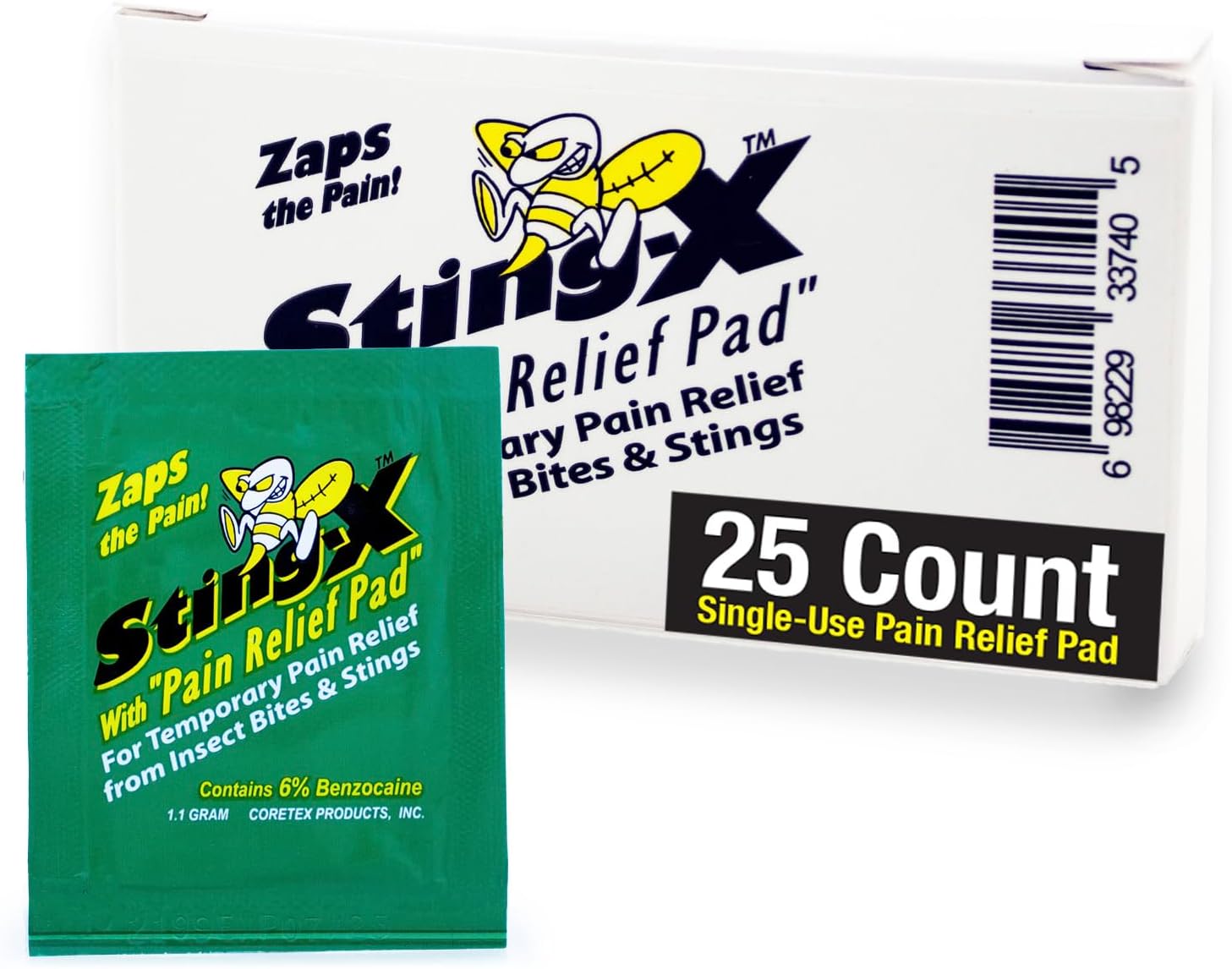 CoreTex Sting X Insect Sting Relief Wipes - Pack of 25 Single-Use Pain Relief Pads Containing 6% Benzocaine - Relieves Discomfort from Bees, Wasps, Hornets, Mosquito Bites, & More