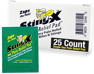 CoreTex Sting X Insect Sting Relief Wipes - Pack of 25 Single-Use Pain Relief Pads Containing 6% Benzocaine - Relieves Discomfort from Bees, Wasps, Hornets, Mosquito Bites, & More