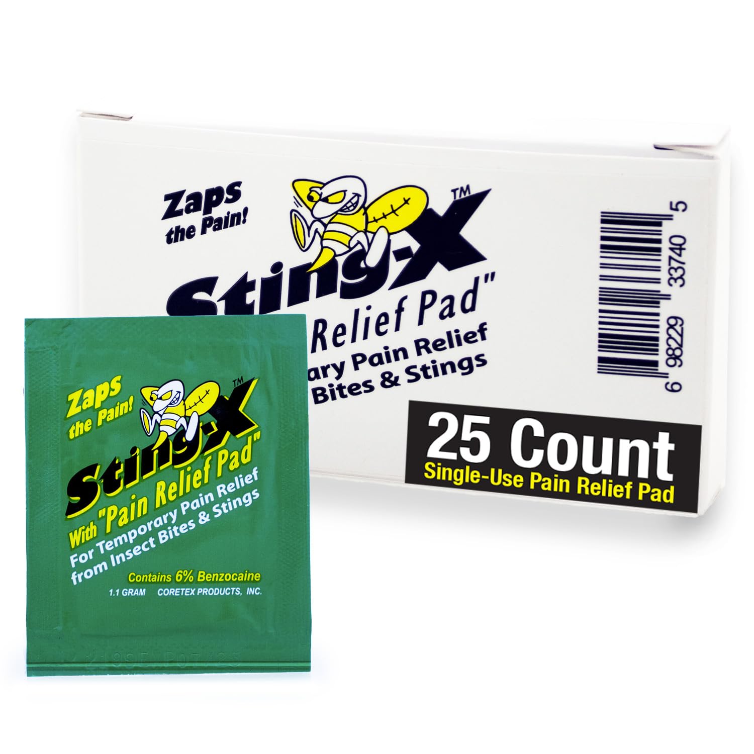 CoreTex Sting X Insect Sting Relief Wipes - Pack of 25 Single-Use Pain Relief Pads Containing 6% Benzocaine - Relieves Discomfort from Bees, Wasps, Hornets, Mosquito Bites, & More