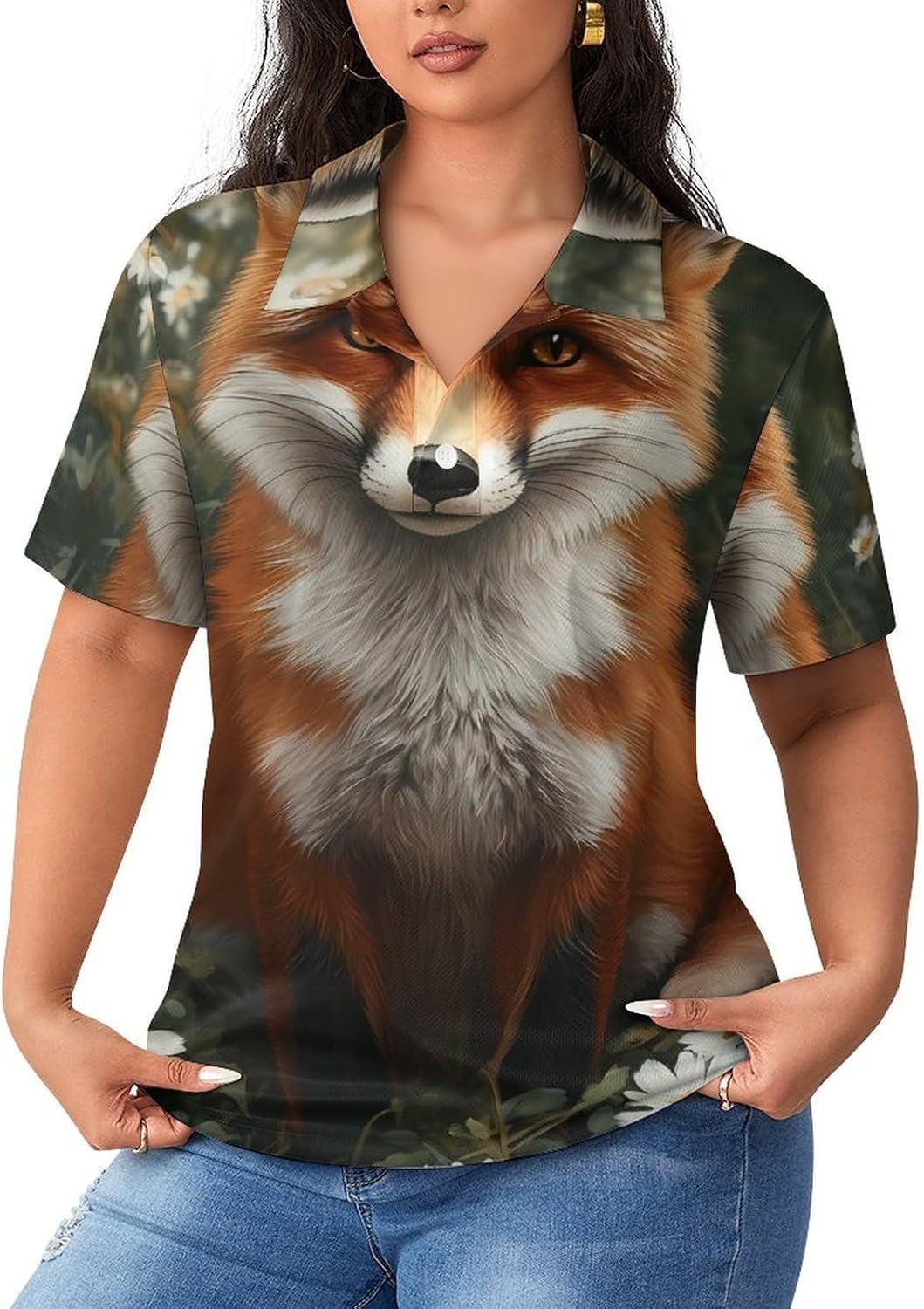 Wildlife Fox Womens Golf Polo Shirts Summer Short Sleeve Collared 3 Buttons T Shirt Activewear Tops