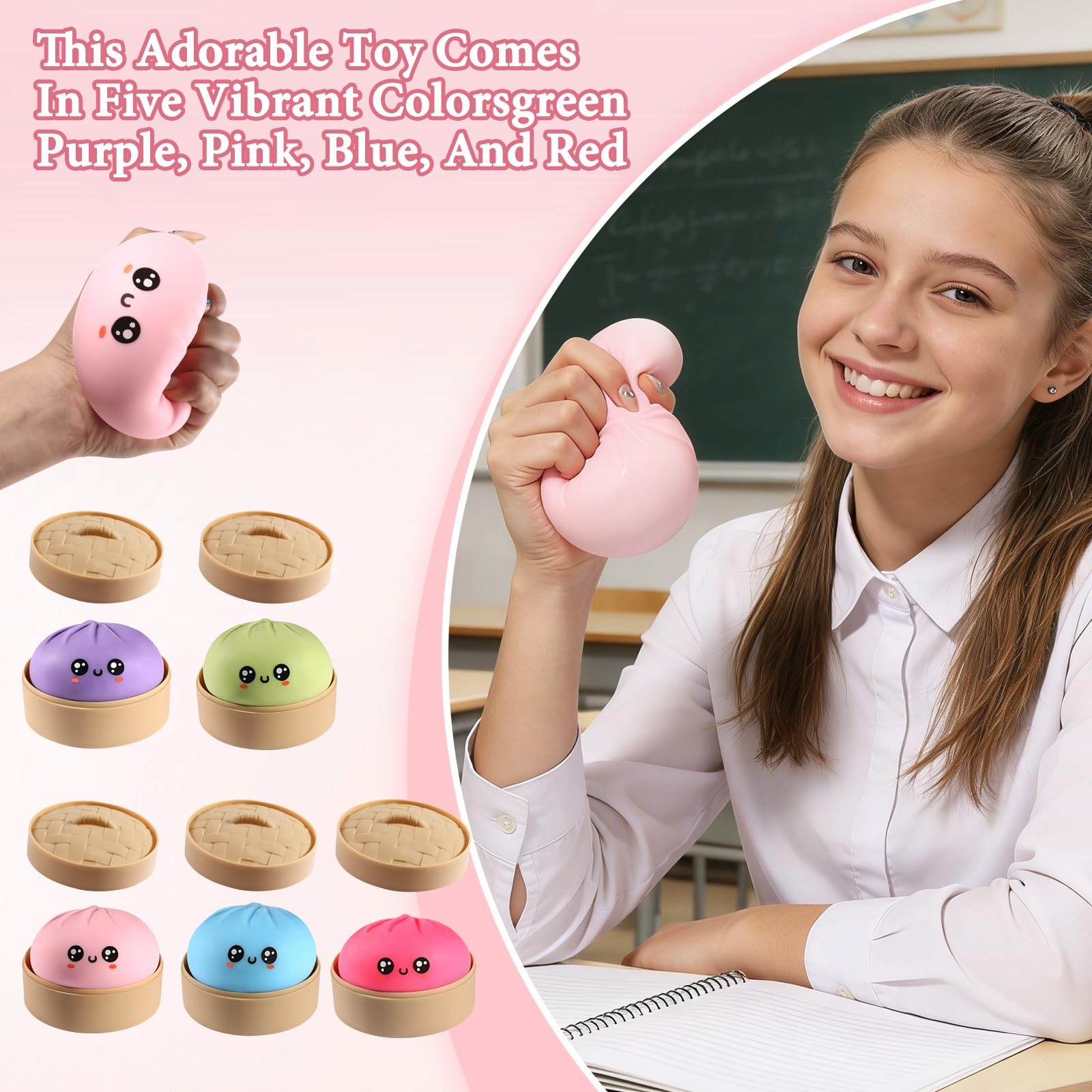 Dumpling Squishy, Dumpling Squishy Mystery Box, Cute Big Squishy Dumpling Stress Ball Fidget Sensory Toy for Adults Anxiety Relief, Novelty Squeeze Ball for Office Desk (Pink) — view 4