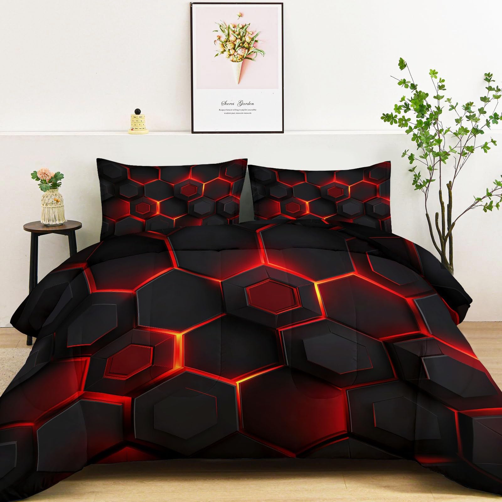 Couette chaude réversible 160x200 cm à motif hexagone 3D pour un lit double accueillant