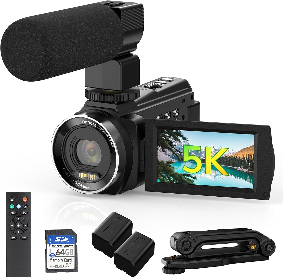 5K Video Camera Camcorder UHD 48MP 60FPS WiFi Vlog Camera for YouTube 10X Optical Zoom Camcorders with Remote Control, Handheld Stabilizer, Microphone, 2 Batteries, Large Aperture, 64 GB Memory Card
