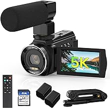 5K Video Camera Camcorder UHD 48MP 60FPS WiFi Vlog Camera for YouTube 10X Optical Zoom Camcorders with Remote Control, Handheld Stabilizer, Microphone, 2 Batteries, Large Aperture, 64 GB Memory Card