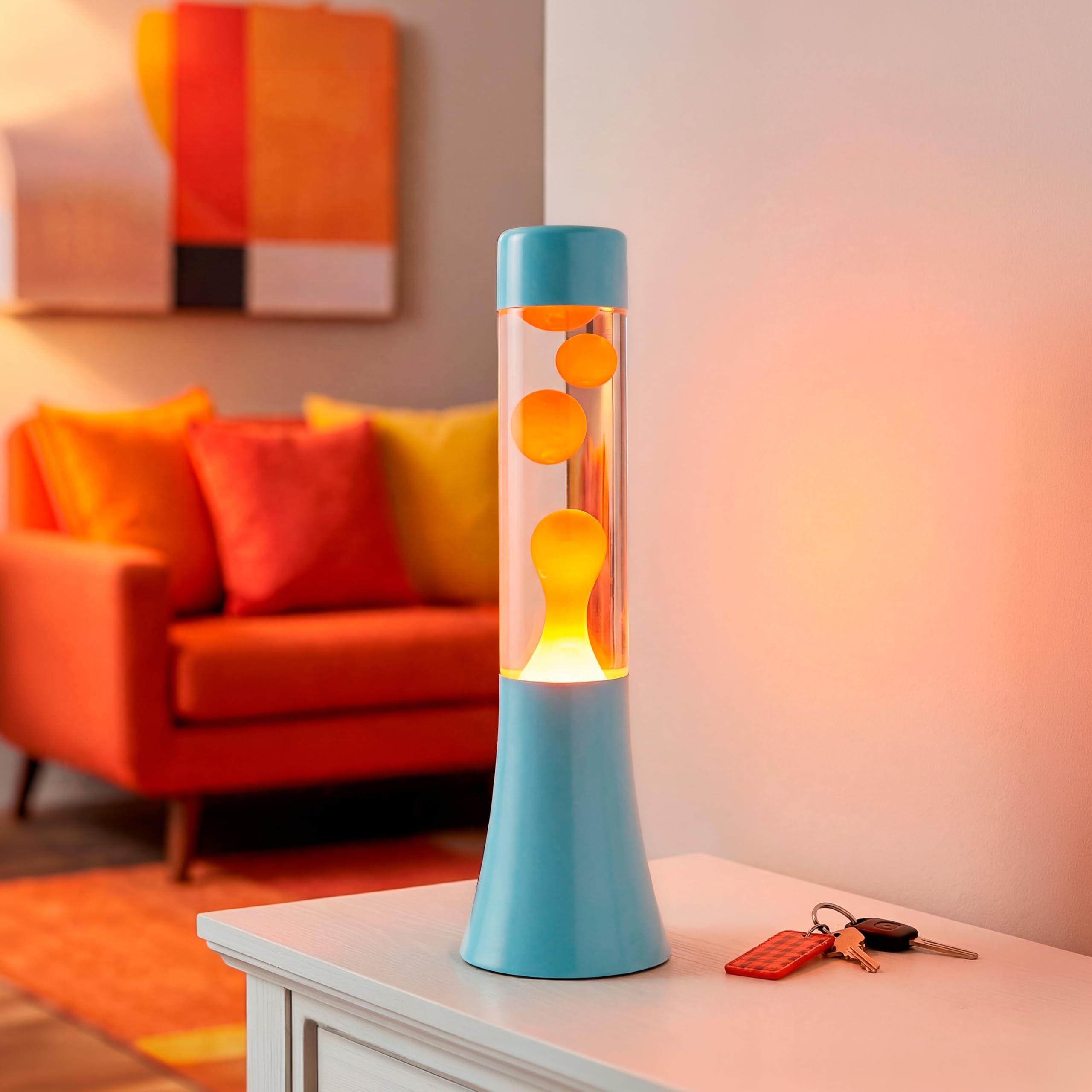 Fisura - Lámpara de lava azul y naranja de 30 cm. Lámpara decorativa relajante. Diseño original para hogar. Regalo original retro. Base azul y líquido naranja. 9x9x30 centímetros.