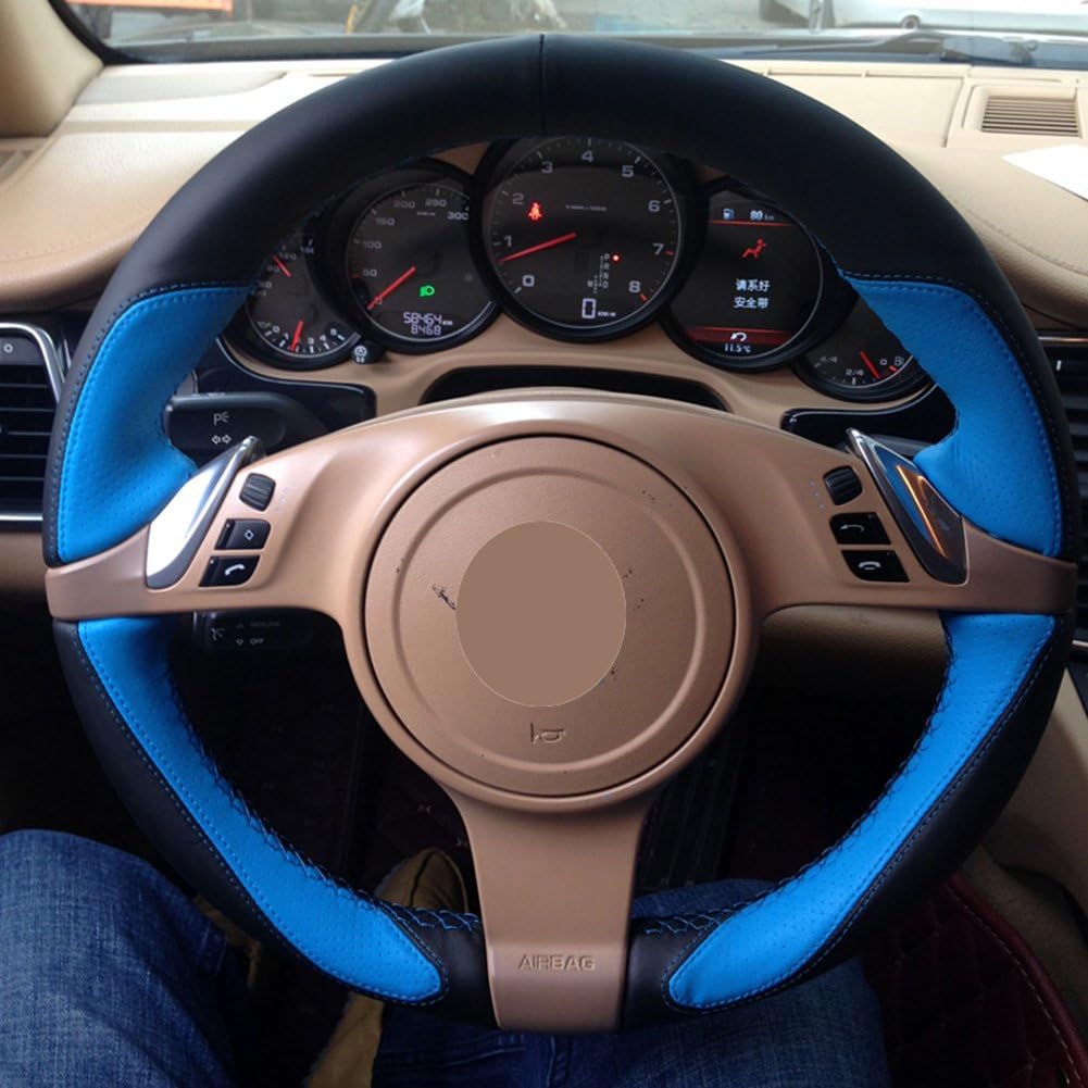 LonckyBlack Blue Leather Auto Custom Steering Wheel Cover for Porsche 911 Porsche 911 Carrera S/Porsche Boxster S Boxster Base/Porsche Cayenne Base Cayenne S/Porsche Panamera Accessories