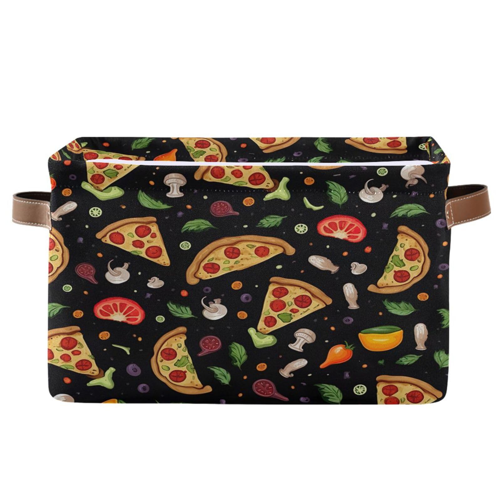 Maunzc Pizza Pattern Storage Bins Collapsible Storage Basket with Metal Frame, Fabric Shelves Bins Closet Baskets with Handles, 1-Pack