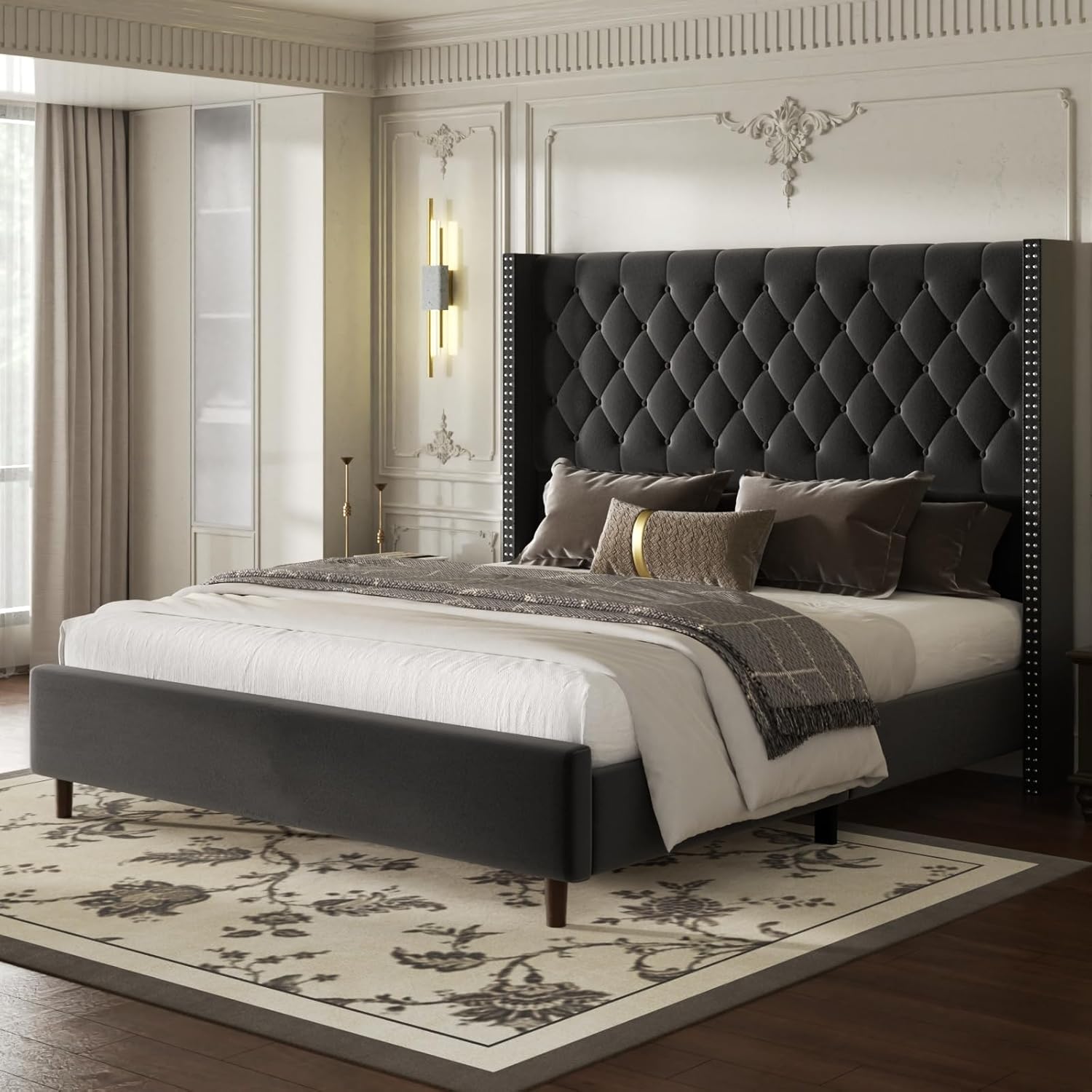 King Size Bed Frame with 62" Tall Wingback Headboard, Velvet Upholstered Platform Bed with Button Tufting & Vintage Rivets, No Box Spring Needed, Easy Assembly, Black