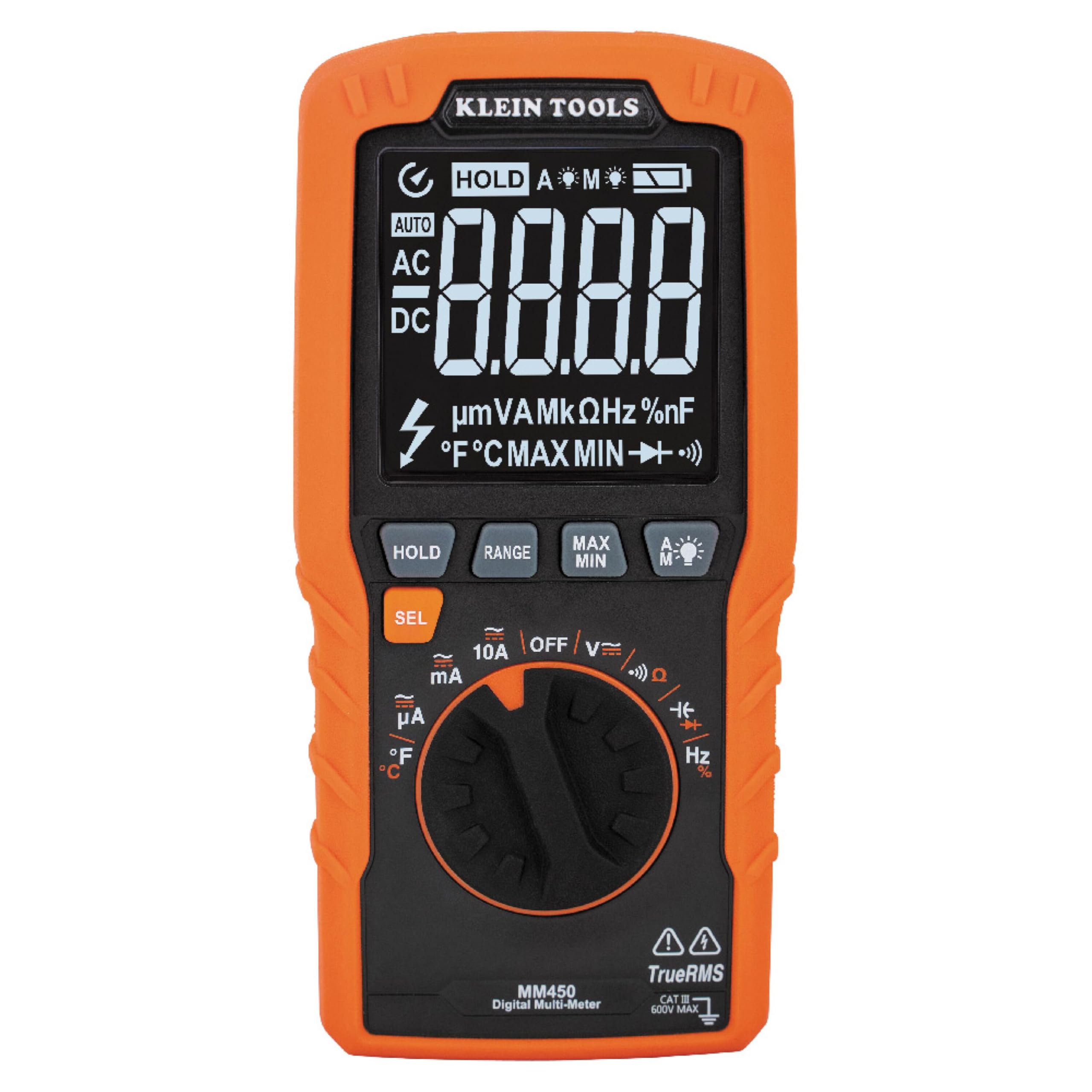 Klein Tools MM450 Multimeter, Slim Digital Meter, Auto-Ranging TRMS, 600V AC/DC Voltage, Current, Resistance, Temp, Frequency, Continuity, Orange