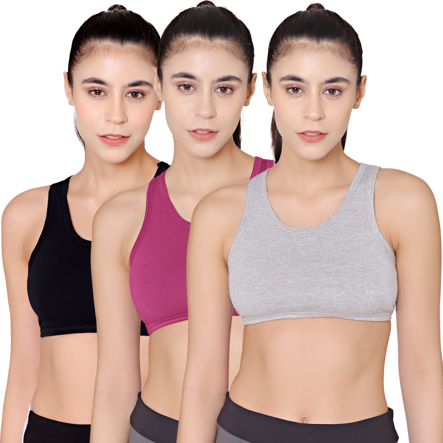 bodycare Women's Cotton & Spandex Non Padded Non-Wired Sports Bra (Pack of 3) (E1610GRYBWI-36B_Black & Grey_36)-picture-28
