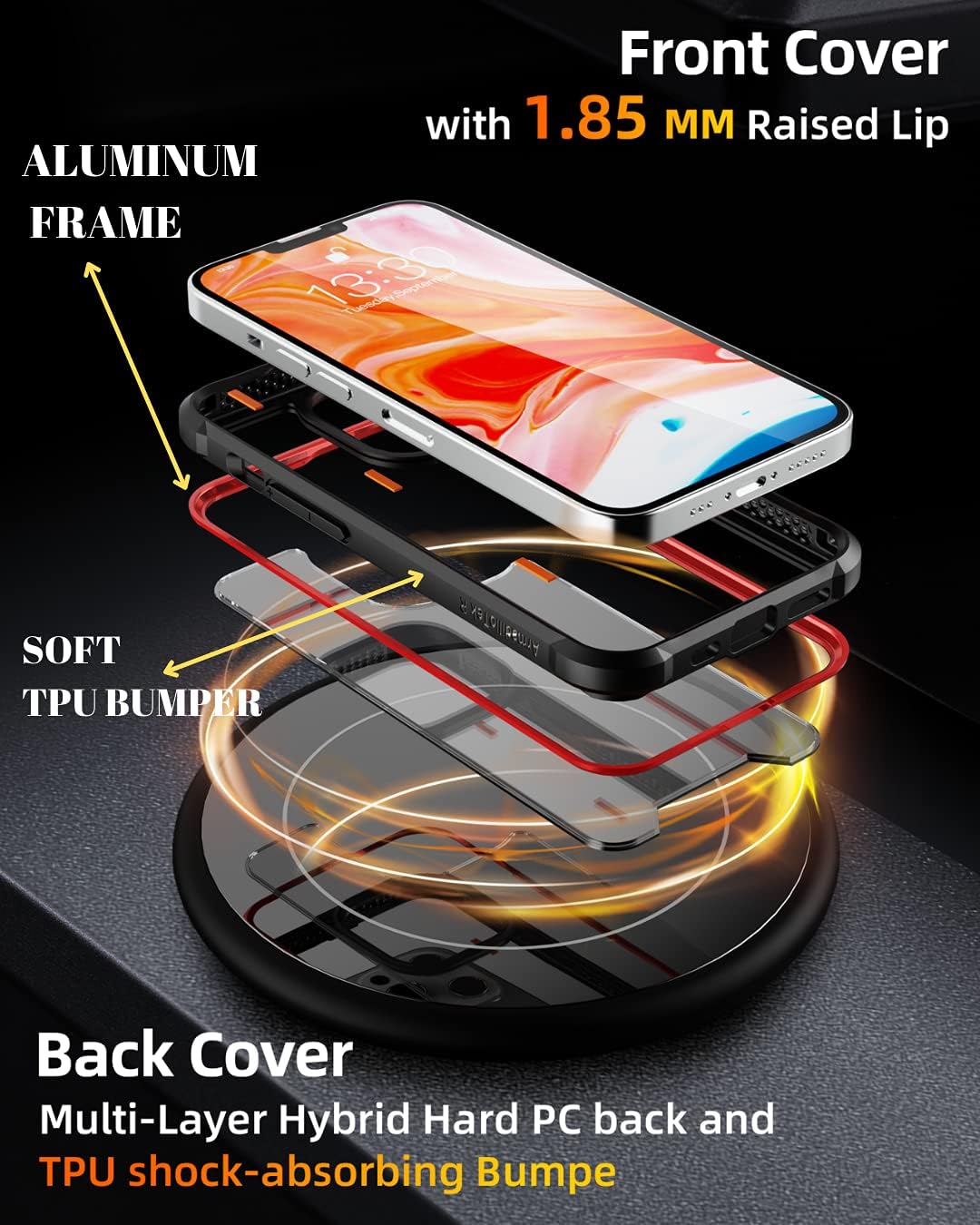CaseBorne R Compatible with iPhone 14 / iPhone 13 Case - Shockproof Protective Clear, Military Grade 12ft Drop Tested, Durable Aluminum Frame, Anti-Yellowing Technology - Red