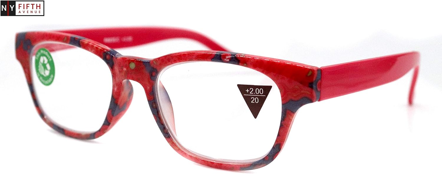 NY FIFTH AVENUE Persia (Premium) Reading Glasses, High-End Readers Magnifying Eyeglasses, Square Frames (Red) Paisley