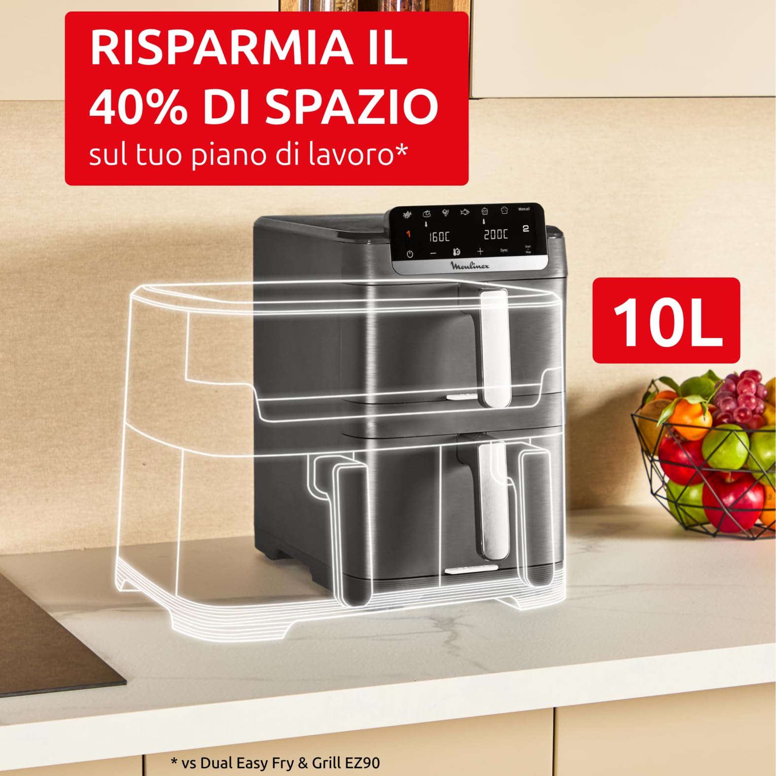 Moulinex Easy Fry Crispy Stack, Friggitrice ad Aria Verticale con Doppia Resistenza, Salvaspazio, Cottura ad Aria Uniforme e Croccante, Frontale Rimovibile, EZ756HF0