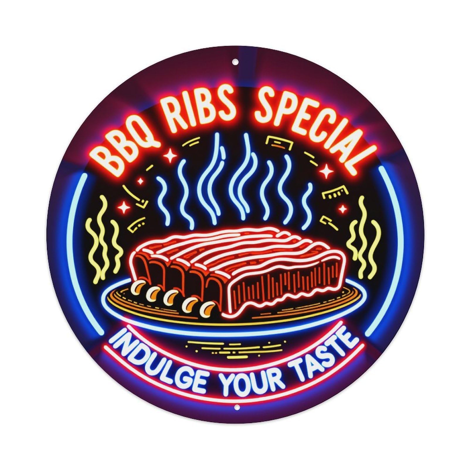 Neon Ribs Sign Design Pattern Round Tin Sign Vintage Metal Poster, Home Bar Garage Man Cave Cafe Indoor & Outdoor Wall Decoration 8x8Inches