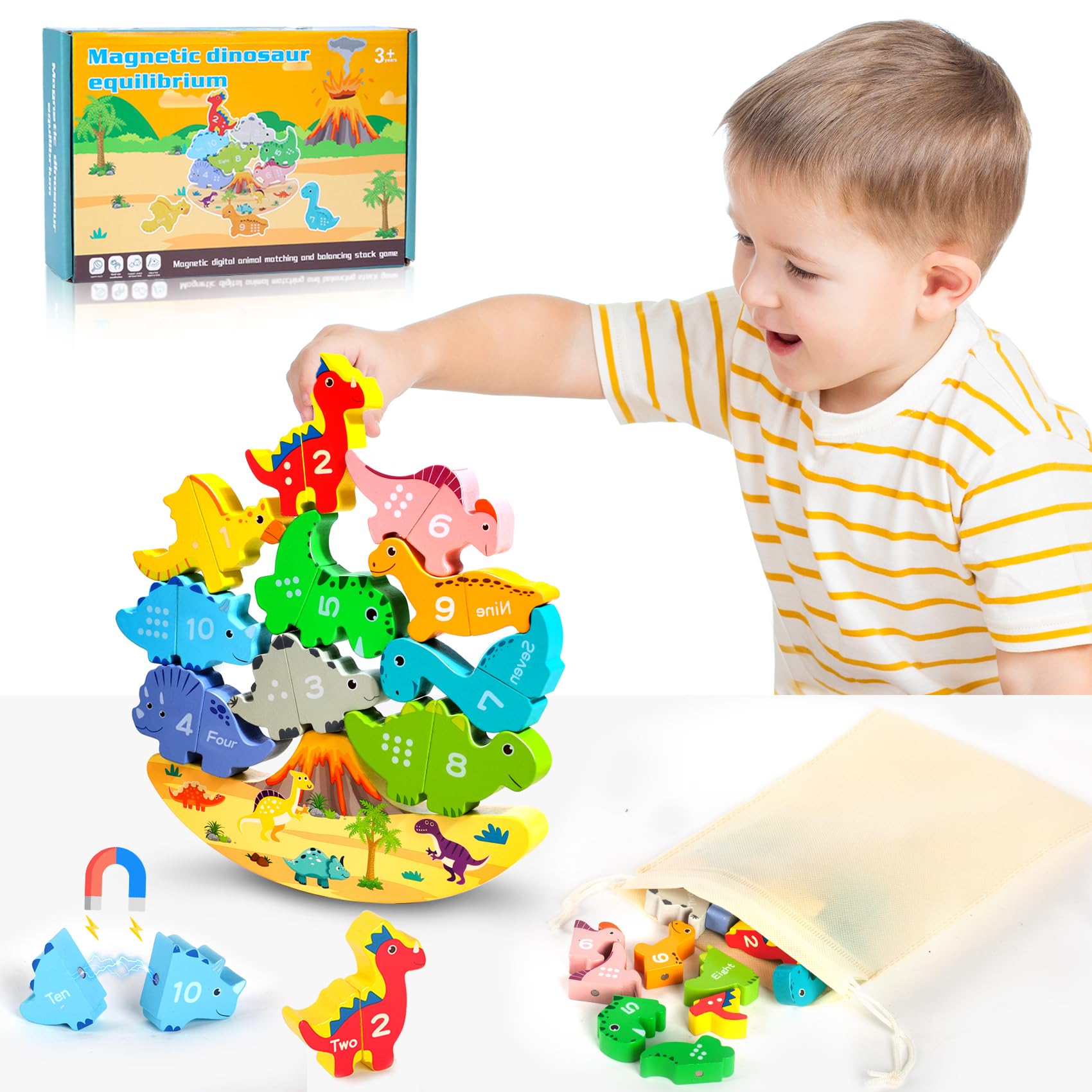 Montessori Juegos de Apilamiento Dinosaurio Juego de Equilibrio Apilable Bloques de Construcción Coincidencia de Números Juguete Madera Juguetes Educativos para Bebés Niños 2 3 4 5 años (Dinosaurio)