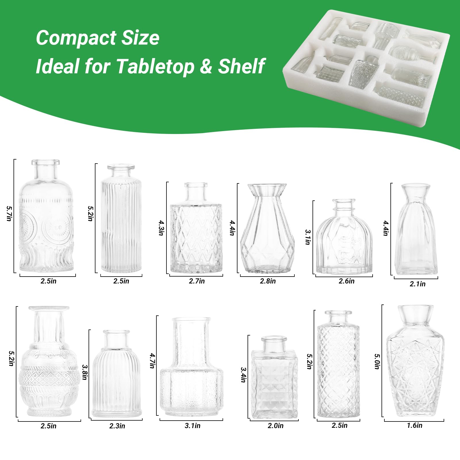 Windfromort 12er Set Mini Glasvasen Vintage Relief für Tischdeko | 12 kleine Vintage Glasvasen mit edlem Relief-Muster. Dickwandig & robust, ideal für Trockenblumen, Hochzeiten & Tischdeko.
