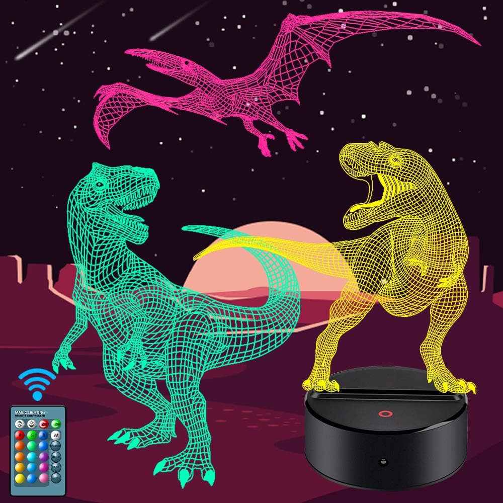 Dinosaur Night Light for Kids - 3D Dinosaur Lamp 16 Colors Optical Illusion Touch & Remote Control with 3 Acrylic Flats Best Christmas Birthday New Year Gifts for Boys Girls Kids Baby (3 Dinosaurs)