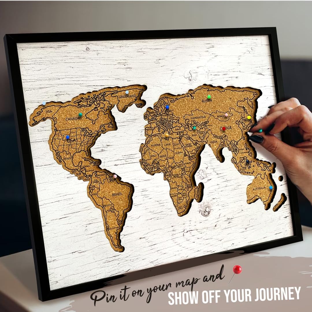flinelife Cork World Push Pin Map,12X10, World Travel Map With Pins, Perfect For Couples or Retirement Gift