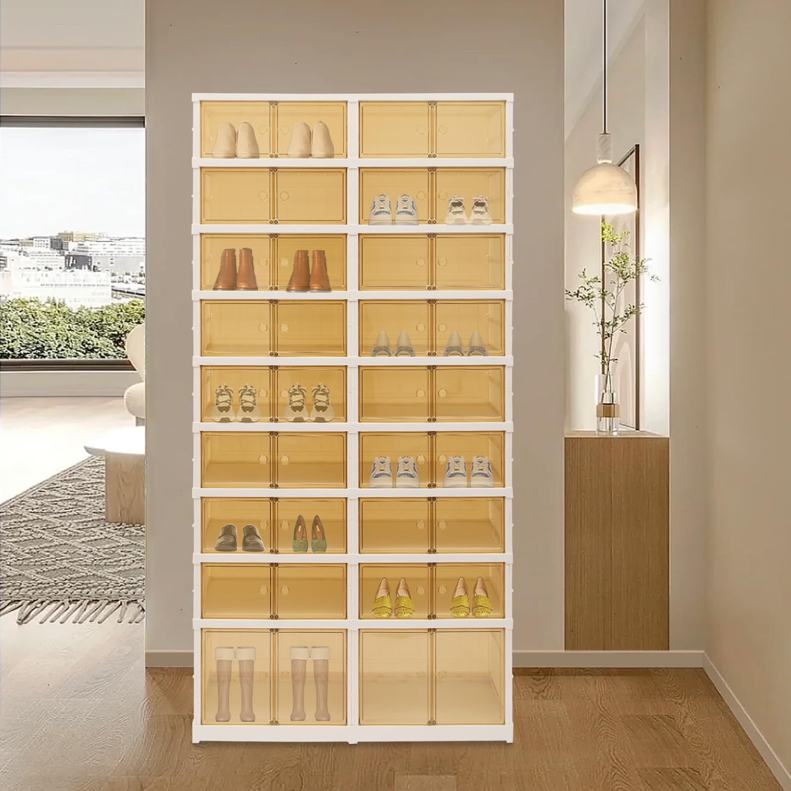 BAITGMYING 9-Tier Transparent Foldable Shoe Rack Organizer, No-Installation Modern Shoe Shelf, Collapsible Shoes Storage Box with Door for Living Rooms, Bedroom and Offices (36 Compartments)