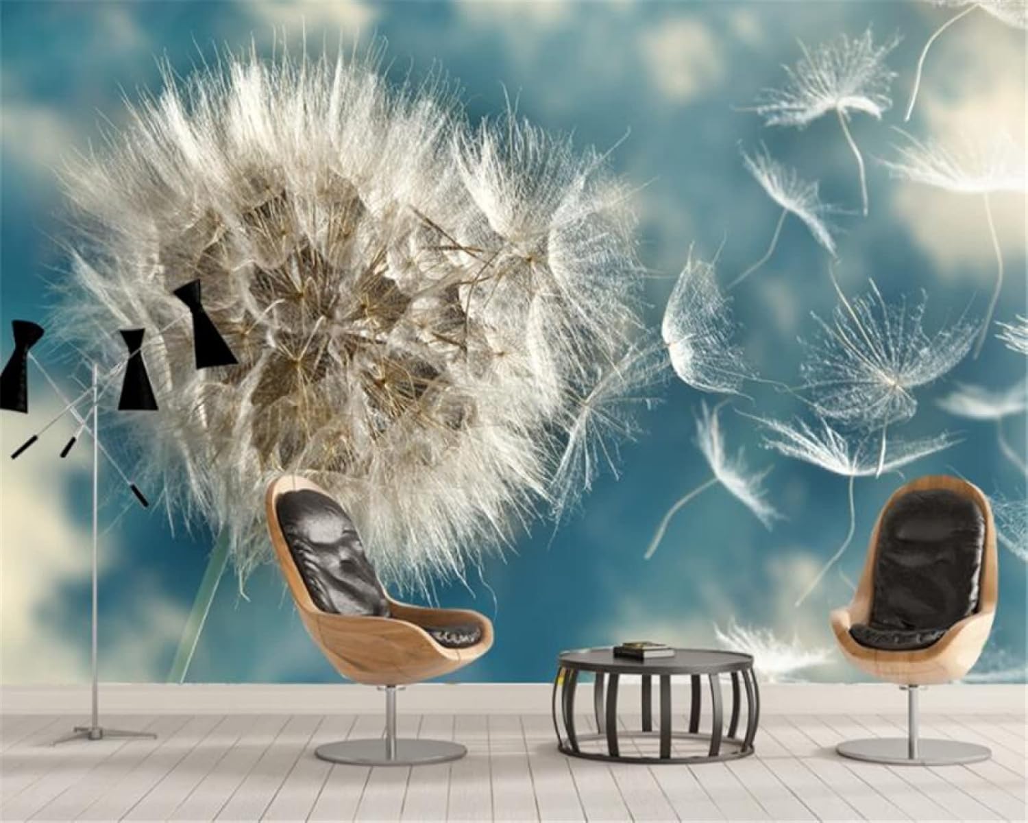 Papier Peint 3D Lavable Pissenlit Bleu Clair Intissé pour Mur TV Salon