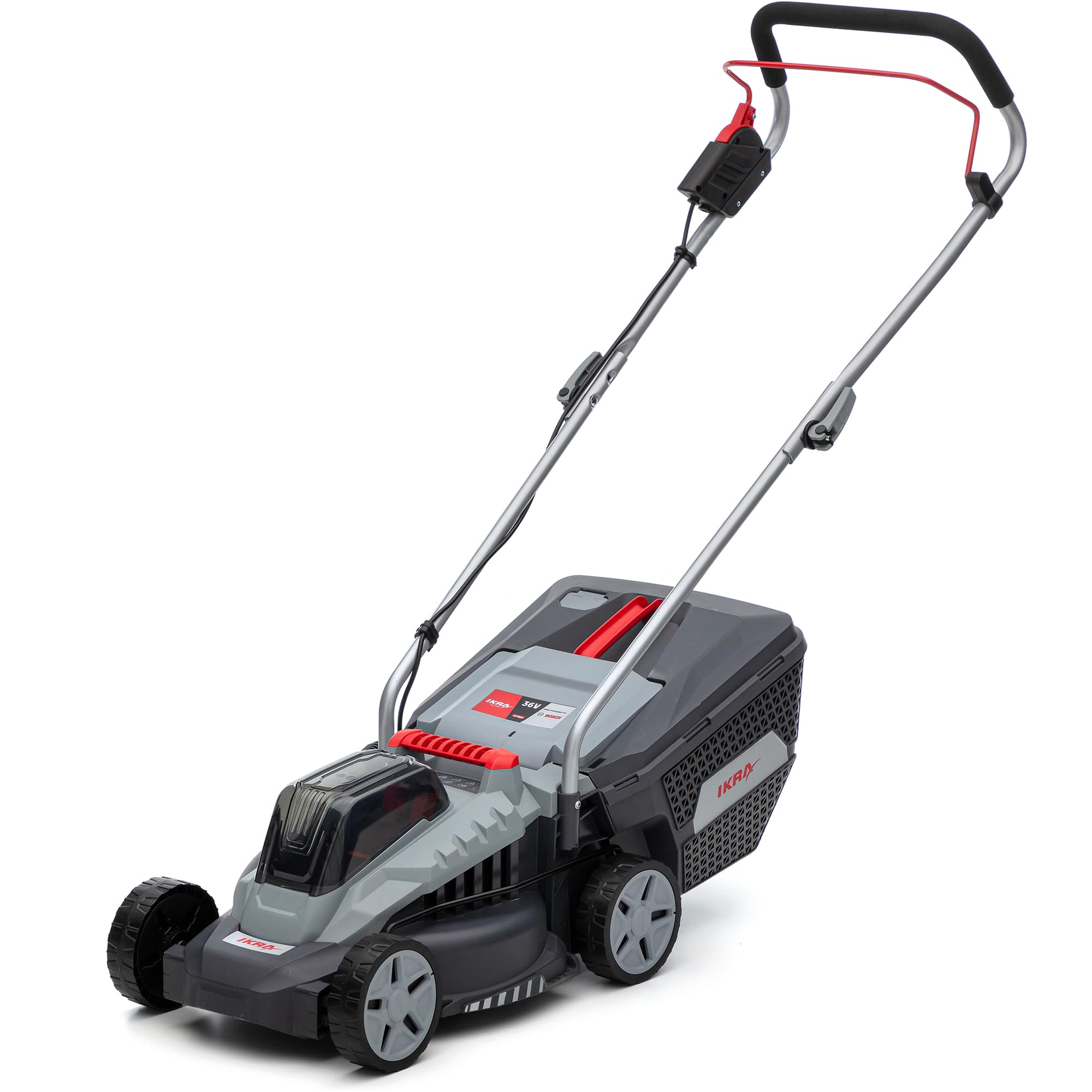 IKRA cortacésped IB-LM 33, 33 cm, sin batería de 36 V ni Cargador | Compatible con Bosch, recomendado para 250 m², altura de corte 30-70 mm, cesta de recogida 30l, ligero, compacto y ergonómico