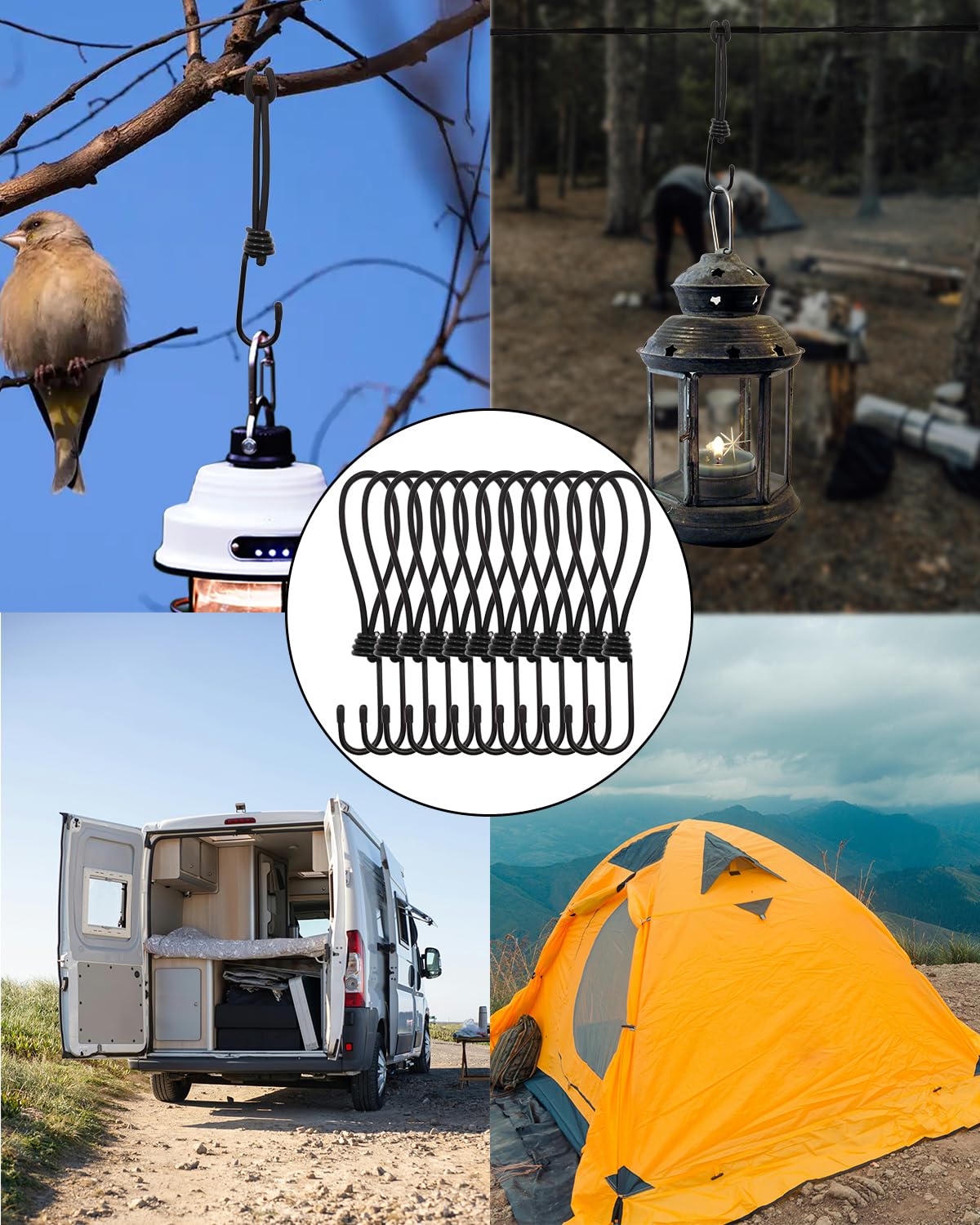 Cuerdas elásticas con ganchos, 100 unidades, cuerdas elásticas de 8 pulgadas con ganchos, ganchos cortos de lona, cuerda elástica pequeña (negro)