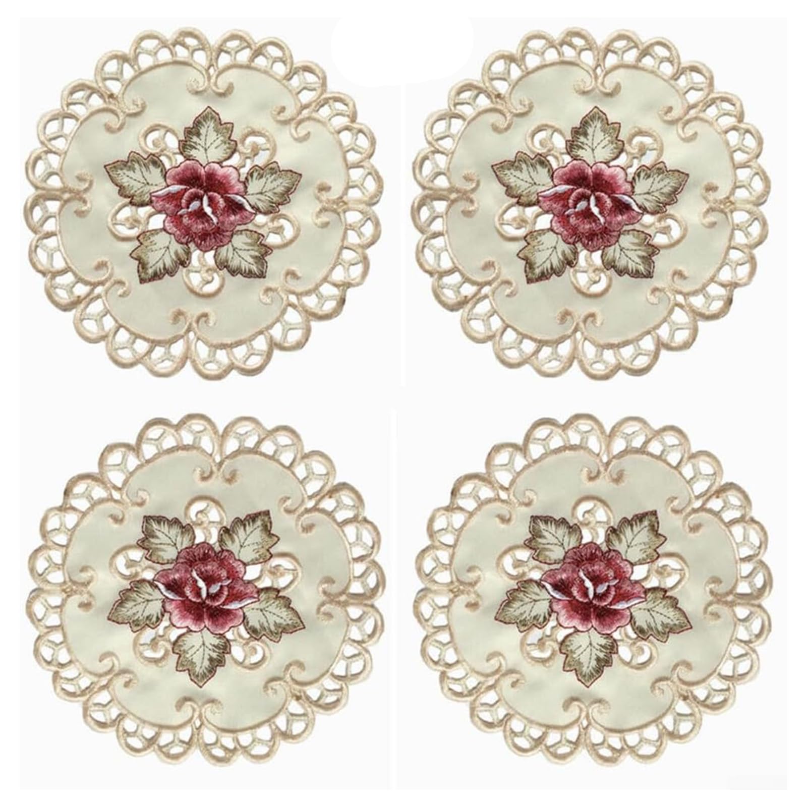 4 manteles individuales redondos de encaje retro, diseño de flores bordadas, elegantes manteles individuales de tela de satén, manteles individuales para decoración del hogar, cocina, boda, fiesta