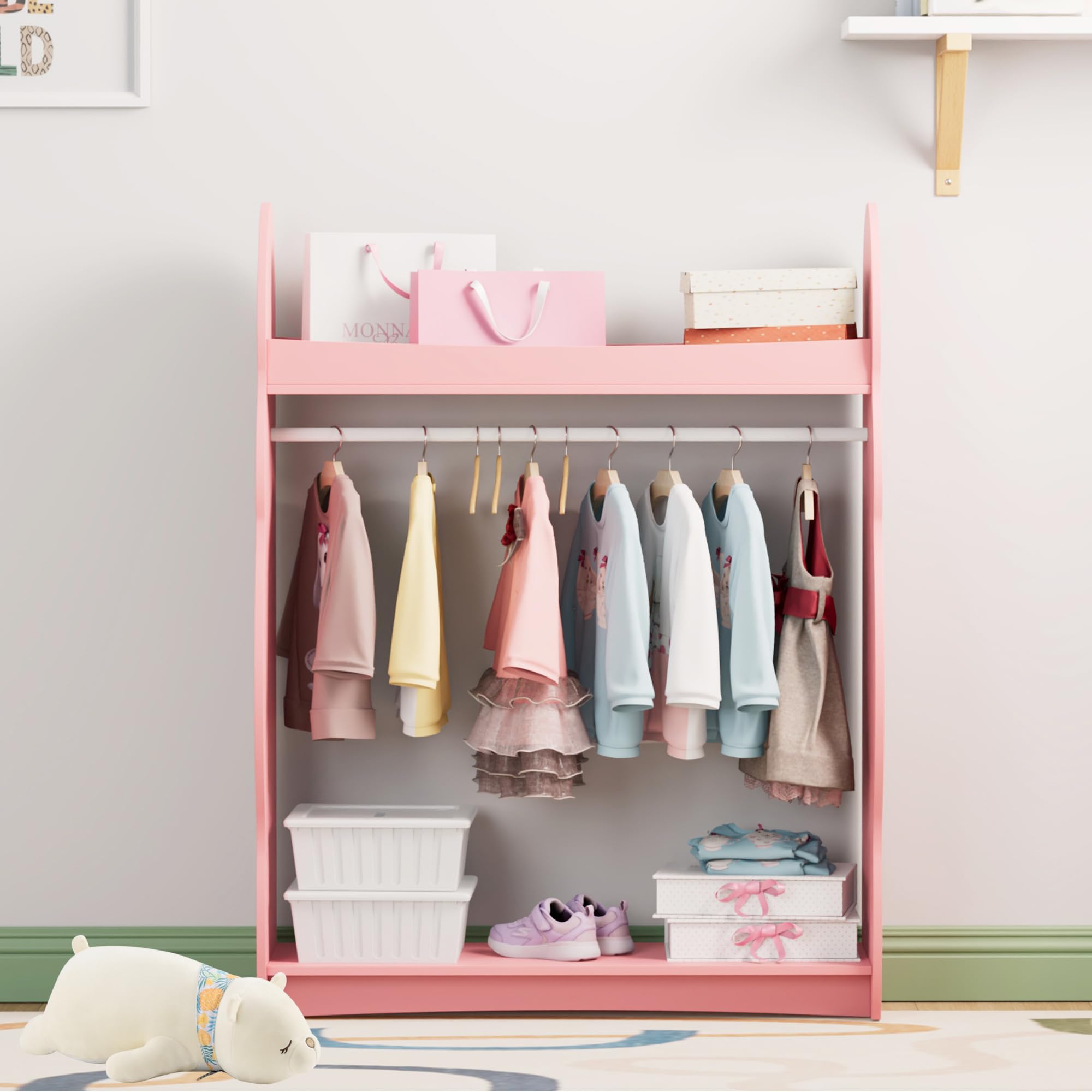 NACHES Kleiderständer Kinder Garderobenständer mit Ablagen, Spiegel und Haken Kleiderstange Garderobe aus Holz 81 x 28 x 106,5 cm (Wolken, Rosa)