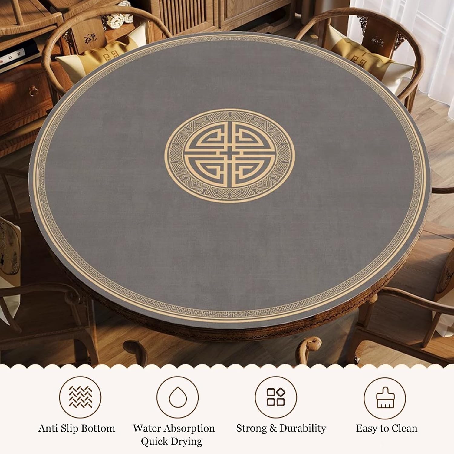Brown Round Mahjong Mat with Carrying Bag, Anti Slip Noise Reduction Poker Card Board Tile Games Polyester Table Cover(Brown-3,35.43x35.43 in)