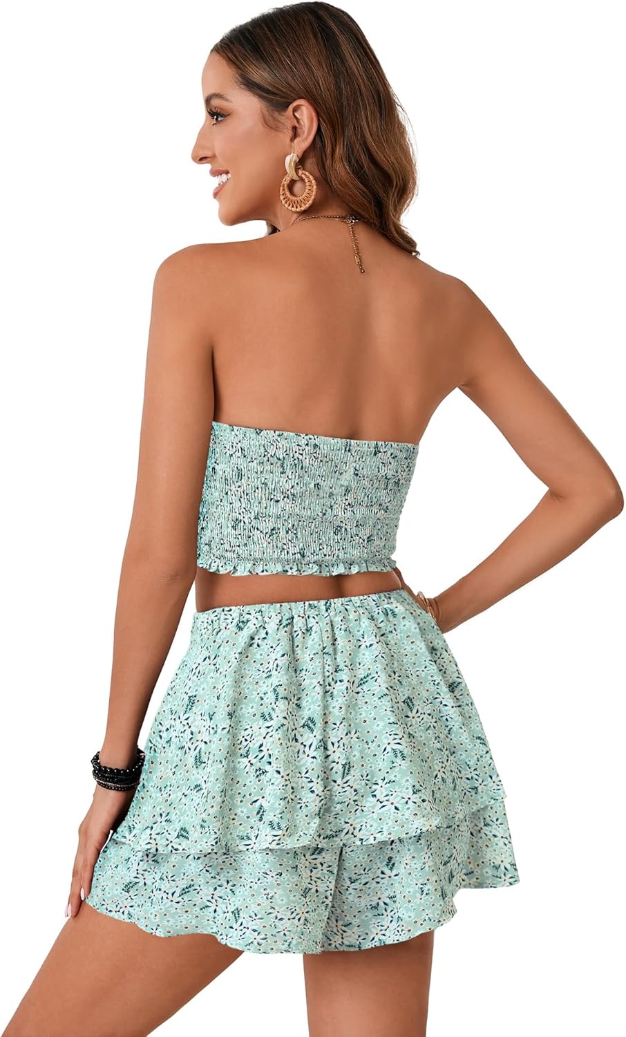 LYANER Women's 2 Piece Summer Outfits Boho Flora Print Crop Top Sleeveless Shirred Tube Top and Shorts Sets - Image 5