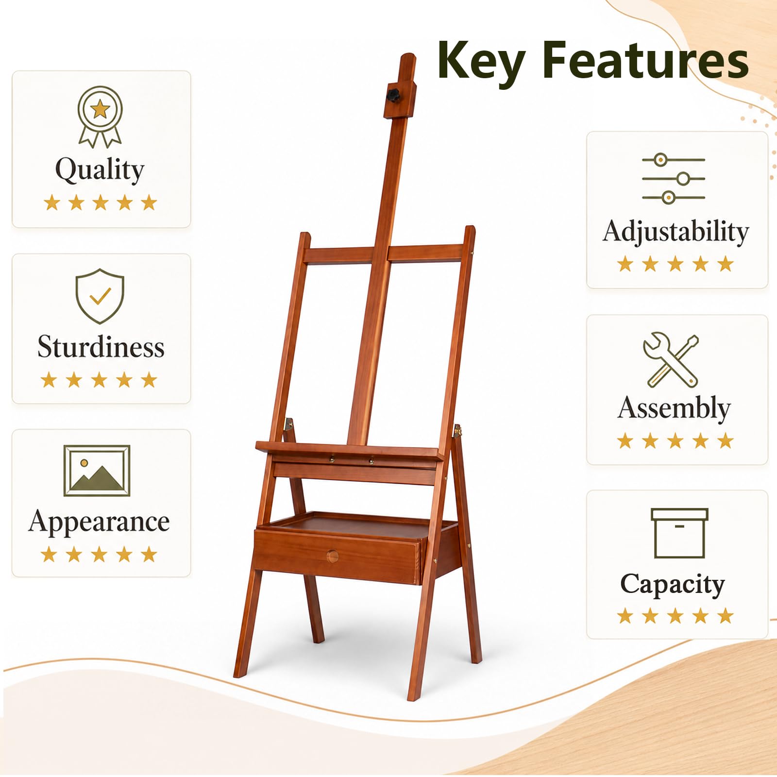 DJAR Caballete de Pintura en H Grande con Cajón y Estante, Caballete de Madera Premium para Artistas y Estudiantes, Soporta Lienzos hasta 88 cm, Nogal