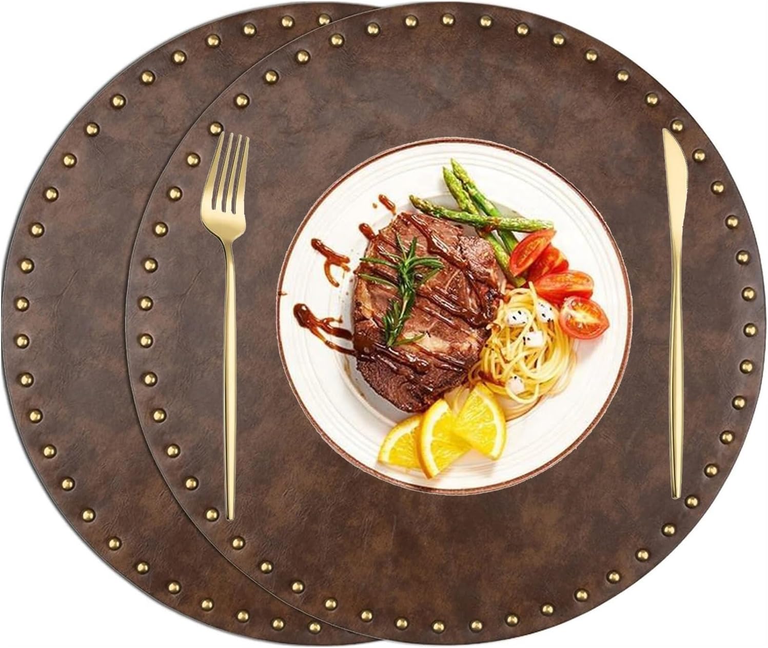 15'' Round Placemats Faux Leather Circle Table Mats Set of 2 Washable Heat Resistant Placemat for Kitchen Breakfast Bar and Coffee Table(Bronze)