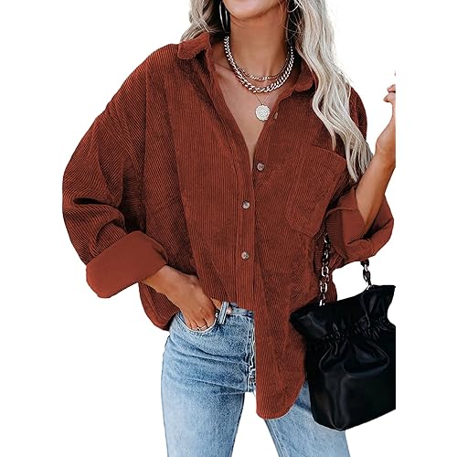 Dokotoo Womens Corduroy Button Down Shirts Boyfriend Long Sleeve Oversized Blouses Tops