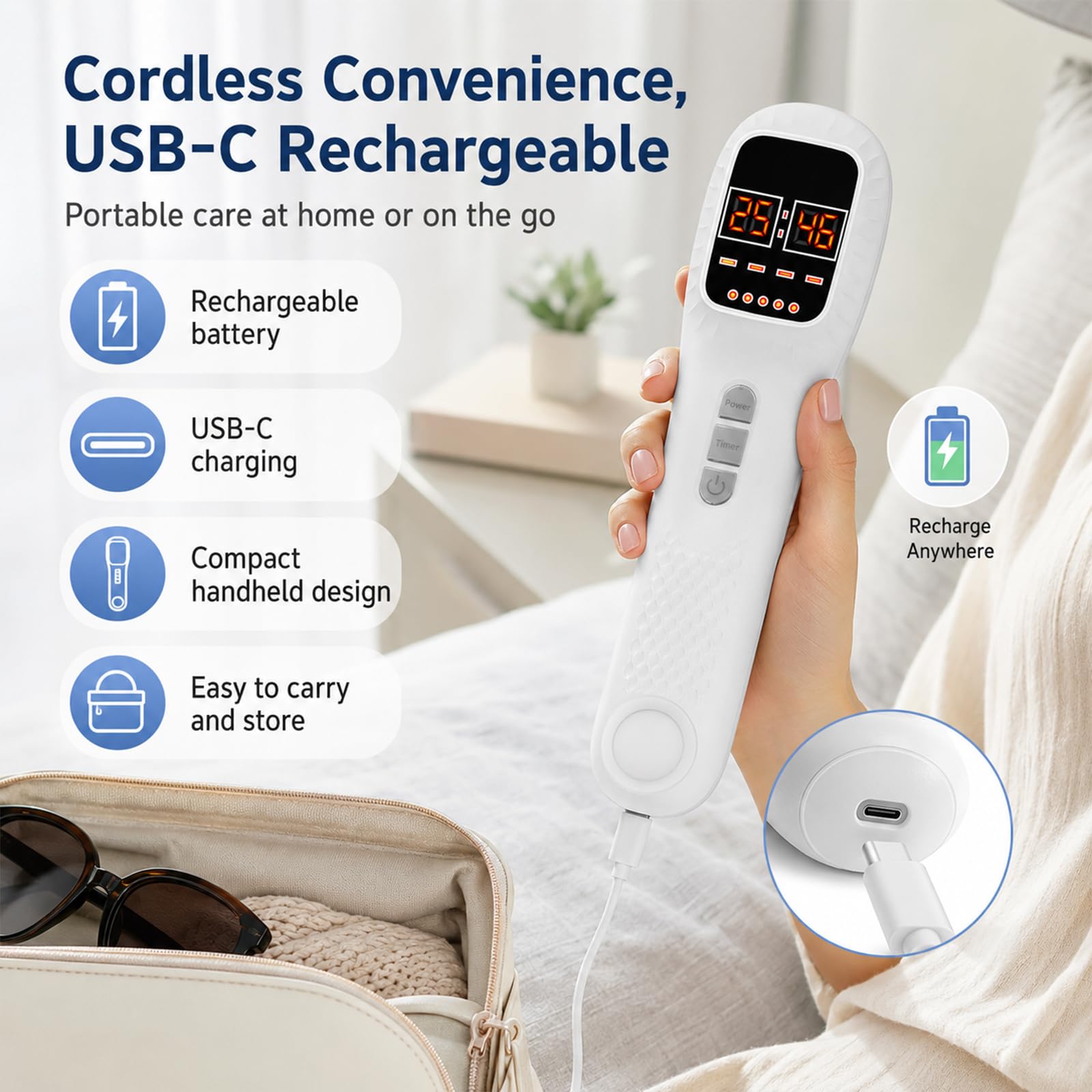 Lampe infrarouge portable à lumière rouge avec support, 16 LED 650 nm + 3 LED 808 nm, quatre modes de fonctionnement, quatre niveaux d'intensité lumineuse et douze réglages de minuterie