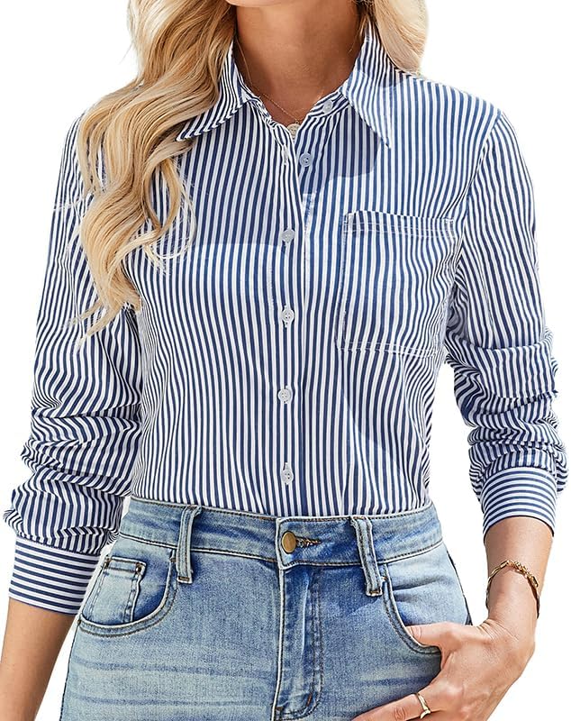 IBAOTORONI Women’s Striped Button Down Shirt Cotton Long Sleeve Collared Casual Work Stripe Blouse Tops with Pocket