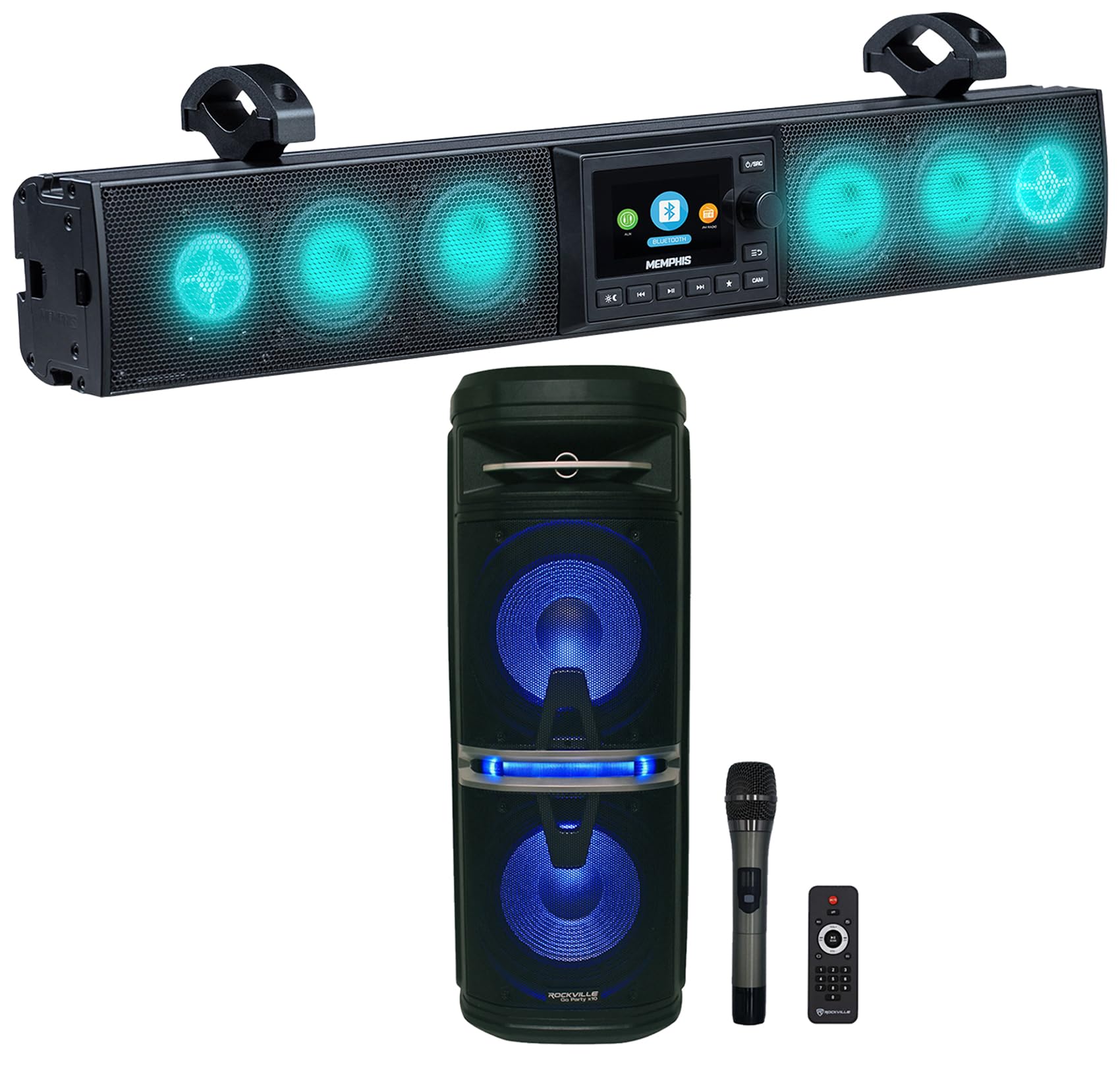 Memphis Audio MXSB24V3 Bundle: 24" 300-Watt ATV/UTV Soundbar, Go Party X10 Dual 10" Battery Powered Bluetooth Speaker for Parties with UHF Microphone, 2-Items