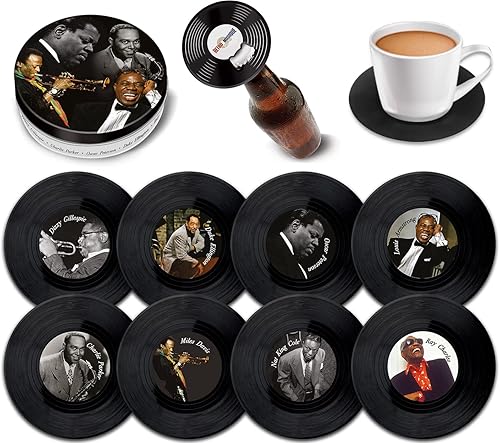 Juego de 8 posavasos de vinilo de leyendas del jazz con abridor magnético de botellas, bonitos posavasos de música, regalos de bar para hombres y
