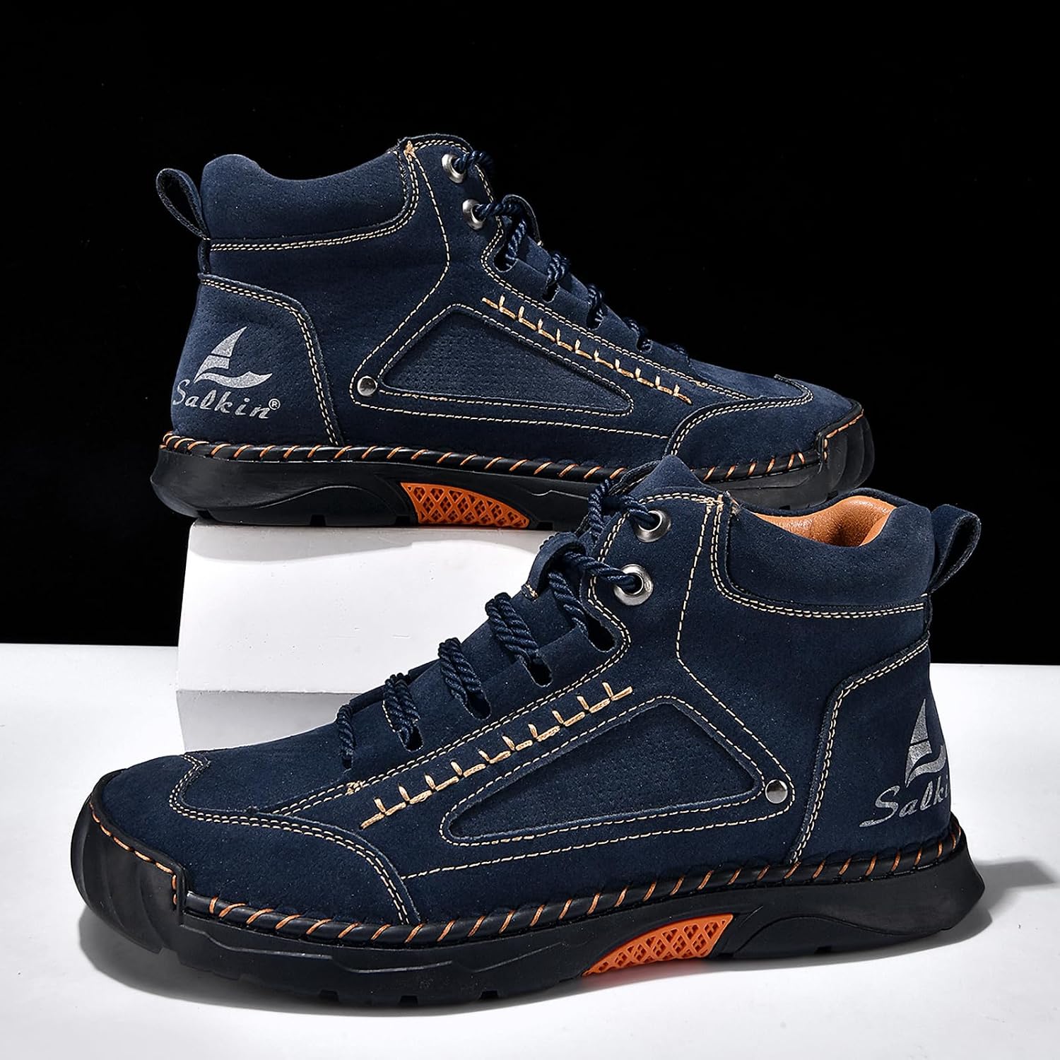 Women's Mid Top Hiking Sneakers,Trendy Comfort Hand-Stitched Leather Lace-Up Non-Slip Outdoor Travel Ankle-Support Boots